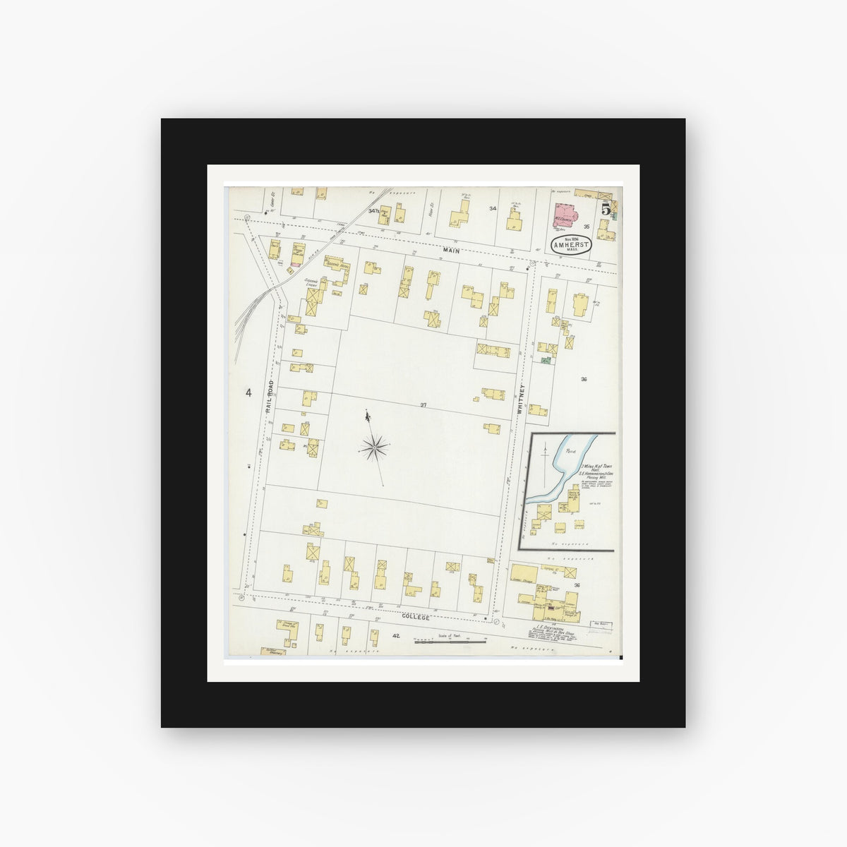 Old map wall art mockup — black gallery frame with white mat — Sanborn Fire Insurance Map from Amherst, Hampshire County, Massachusetts (1896), Sheet #0005