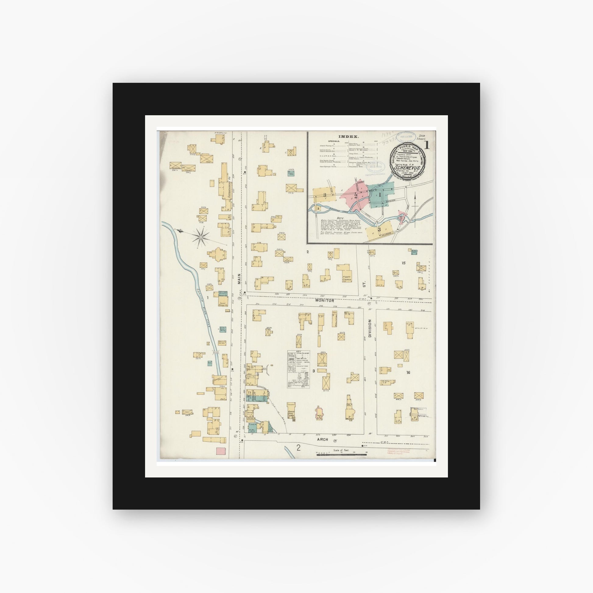 Old map wall art mockup — black gallery frame with white mat — Sanborn Fire Insurance Map from Schenevus, Otsego County, New York (1898) - Complete Map Set