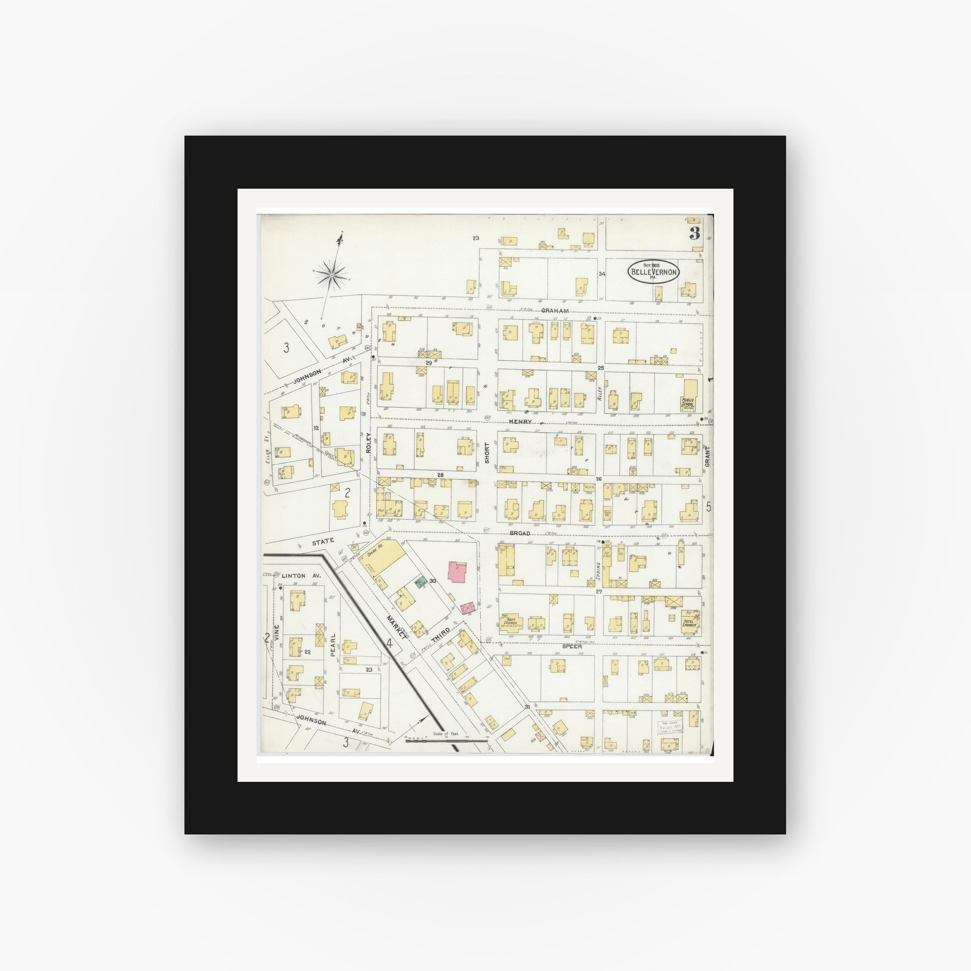 Old map wall art mockup — black gallery frame with white mat — Sanborn Fire Insurance Map from Belle Vernon, Fayette County, Pennsylvania (1905), Sheet #0003