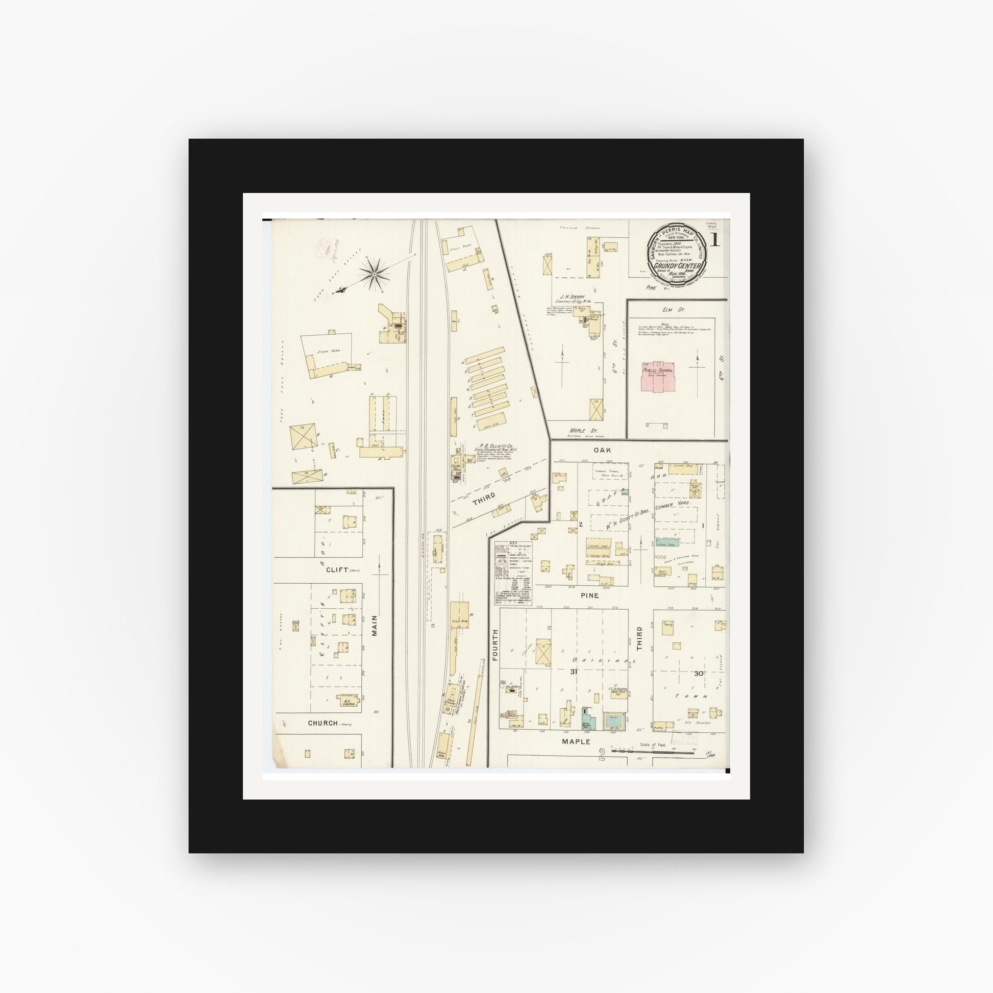 Old map wall art mockup — black gallery frame with white mat — Sanborn Fire Insurance Map from Grundy Center, Grundy County, Iowa (1894) â€” Complete Set