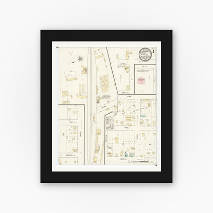 Old map wall art mockup — black gallery frame with white mat — Sanborn Fire Insurance Map from Grundy Center, Grundy County, Iowa (1894) â€” Complete Set