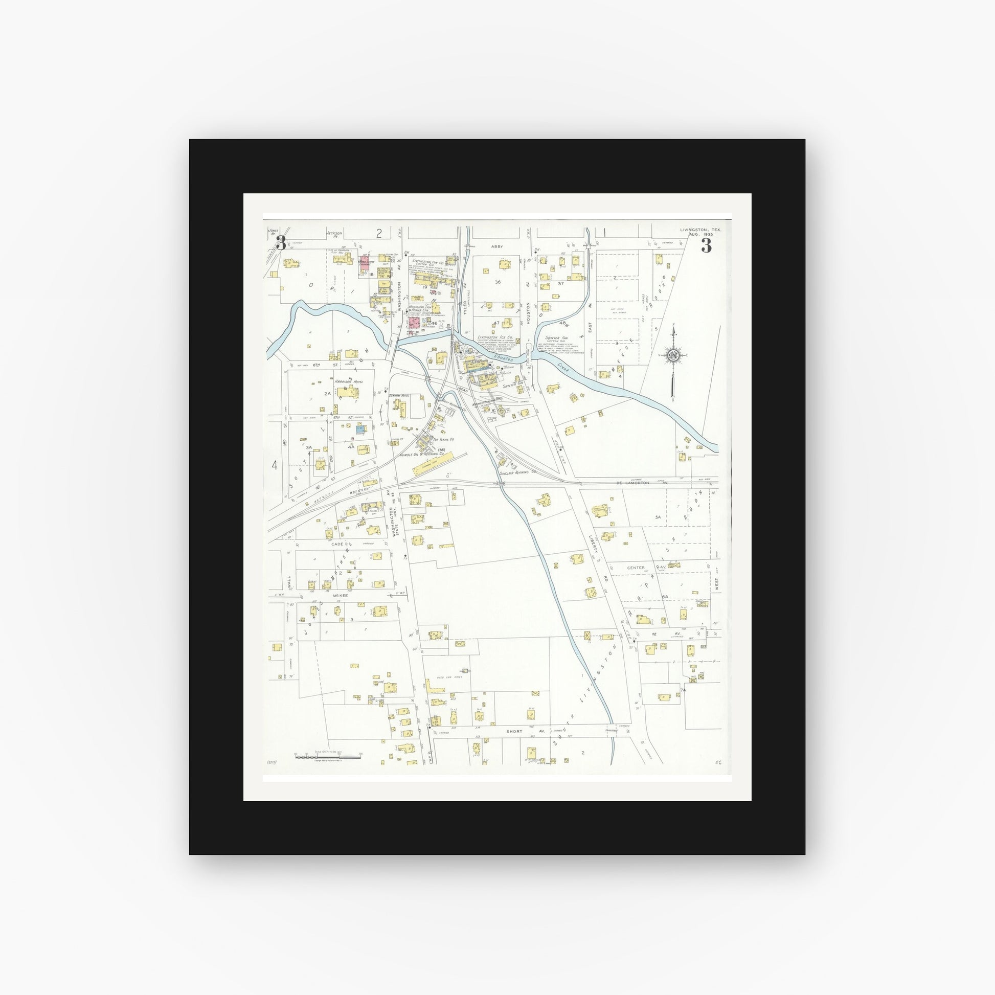 Old map wall art mockup — black gallery frame with white mat — Sanborn Fire Insurance Map from Livingston, Polk County, Texas (1935), Sheet #0003