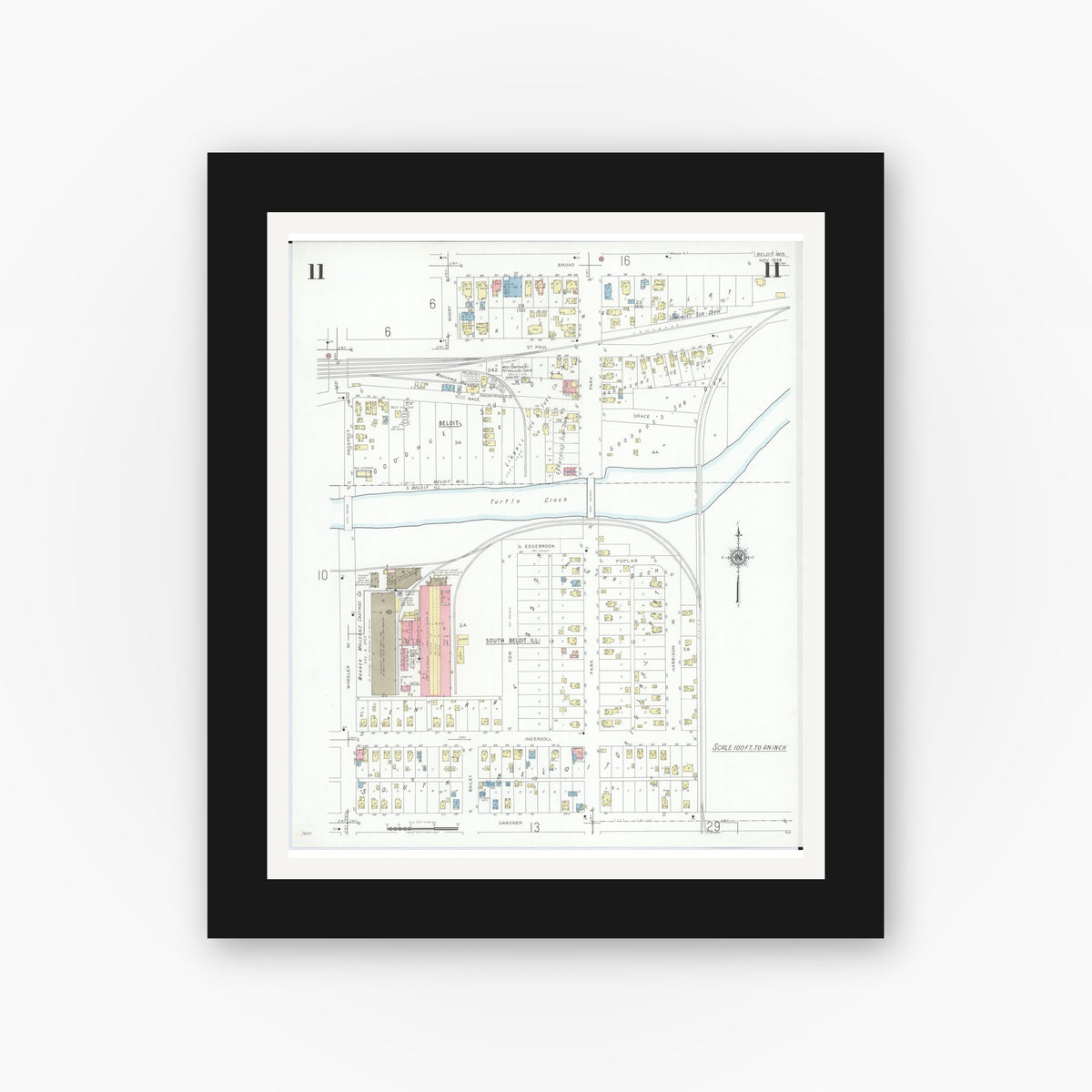 Old map wall art mockup — black gallery frame with white mat — Sanborn Fire Insurance Map from Beloit, Rock County, Wisconsin (1939), Sheet #0011