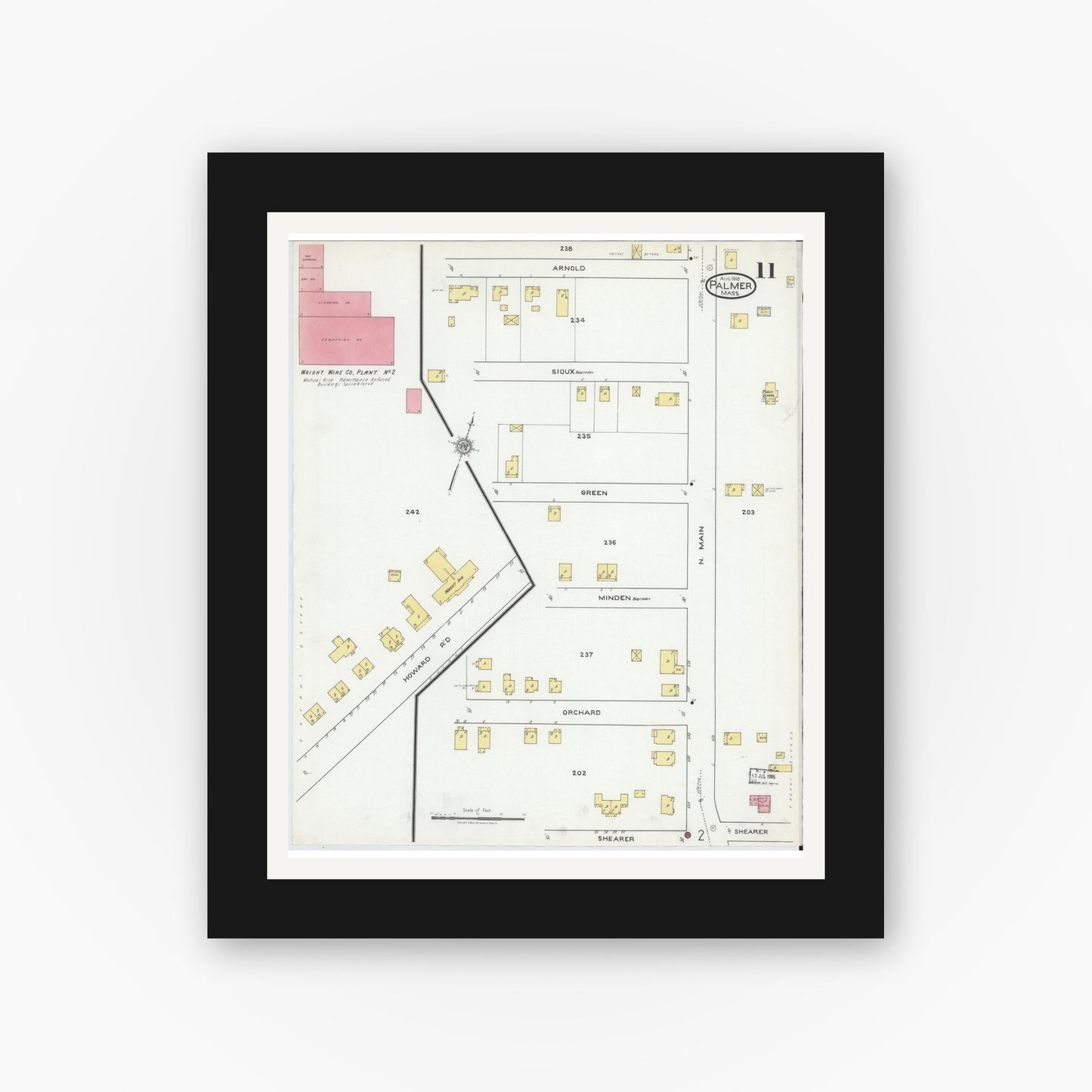 Old map wall art mockup — black gallery frame with white mat — Sanborn Fire Insurance Map from Palmer, Hampden County, Massachusetts (1918), Sheet #0011