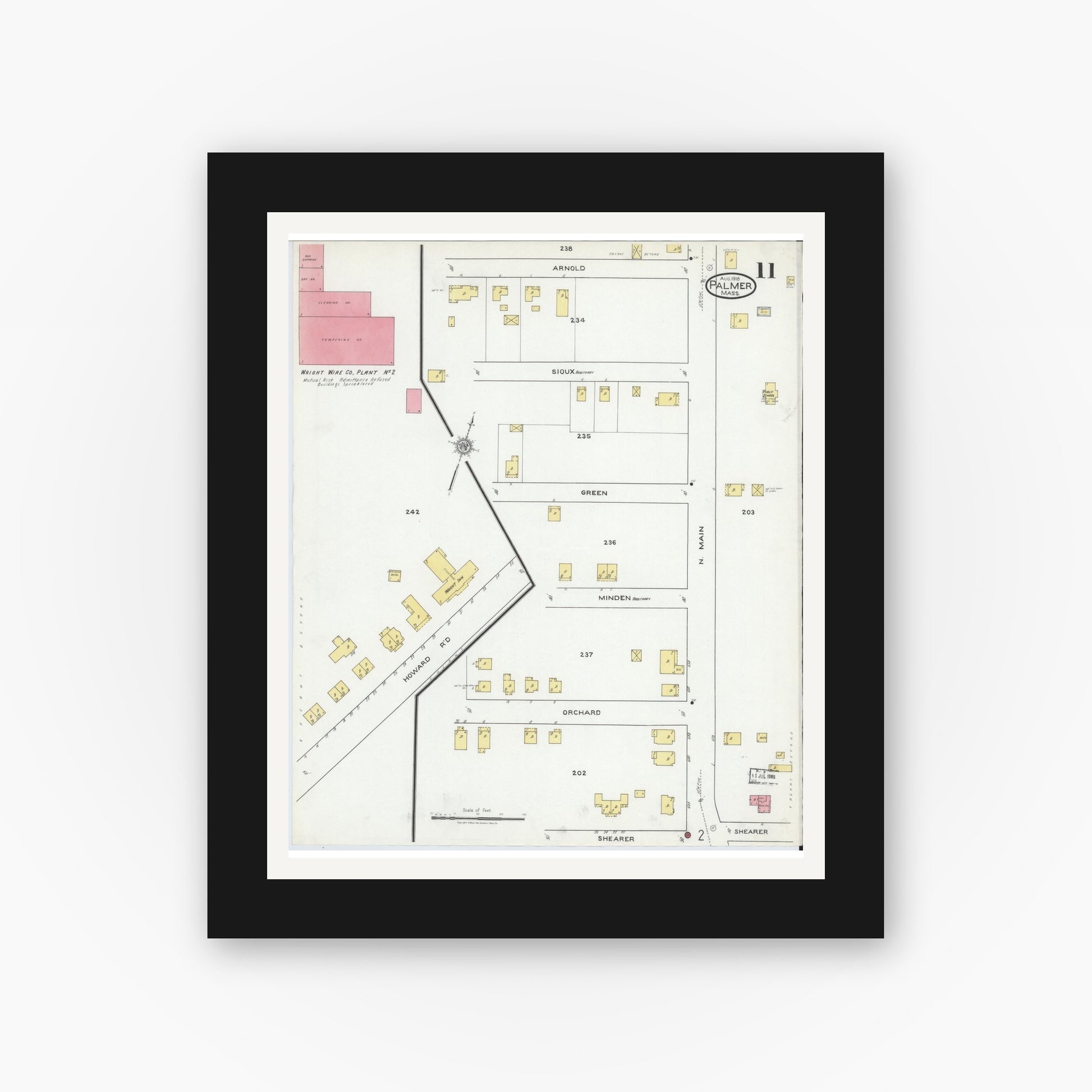 Old map wall art mockup — black gallery frame with white mat — Sanborn Fire Insurance Map from Palmer, Hampden County, Massachusetts (1918), Sheet #0011