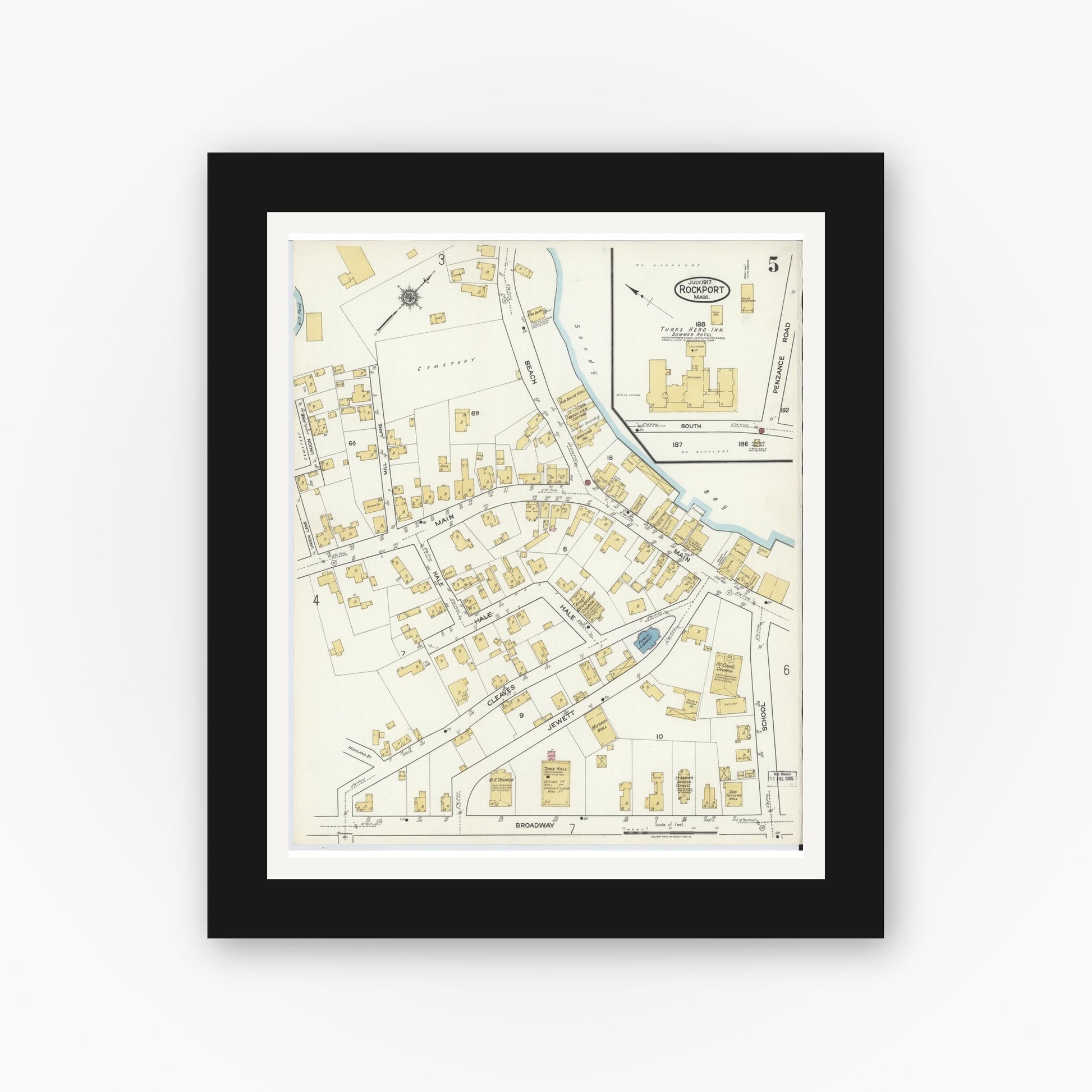 Old map wall art mockup — black gallery frame with white mat — Sanborn Fire Insurance Map from Rockport, Essex County, Massachusetts (1917), Sheet #0005