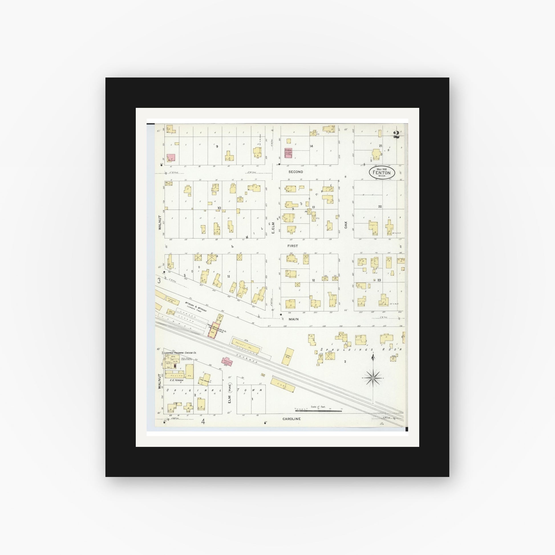 Old map wall art mockup — black gallery frame with white mat — Sanborn Fire Insurance Map from Fenton, Genesee County, Michigan (1908), Sheet #0002