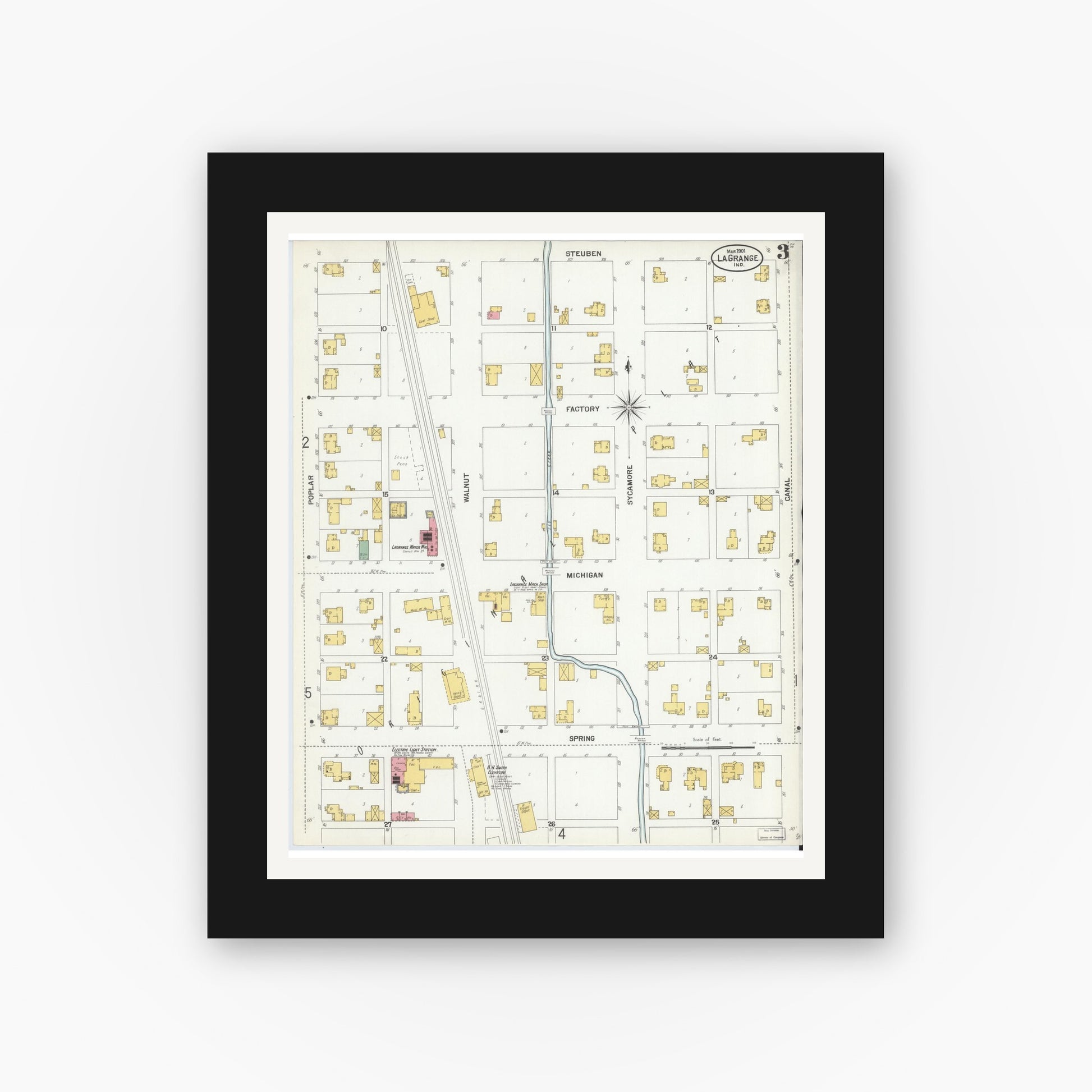Old map wall art mockup — black gallery frame with white mat — Sanborn Fire Insurance Map from Lagrange, LaGrange County, Indiana (1901), Sheet #0003