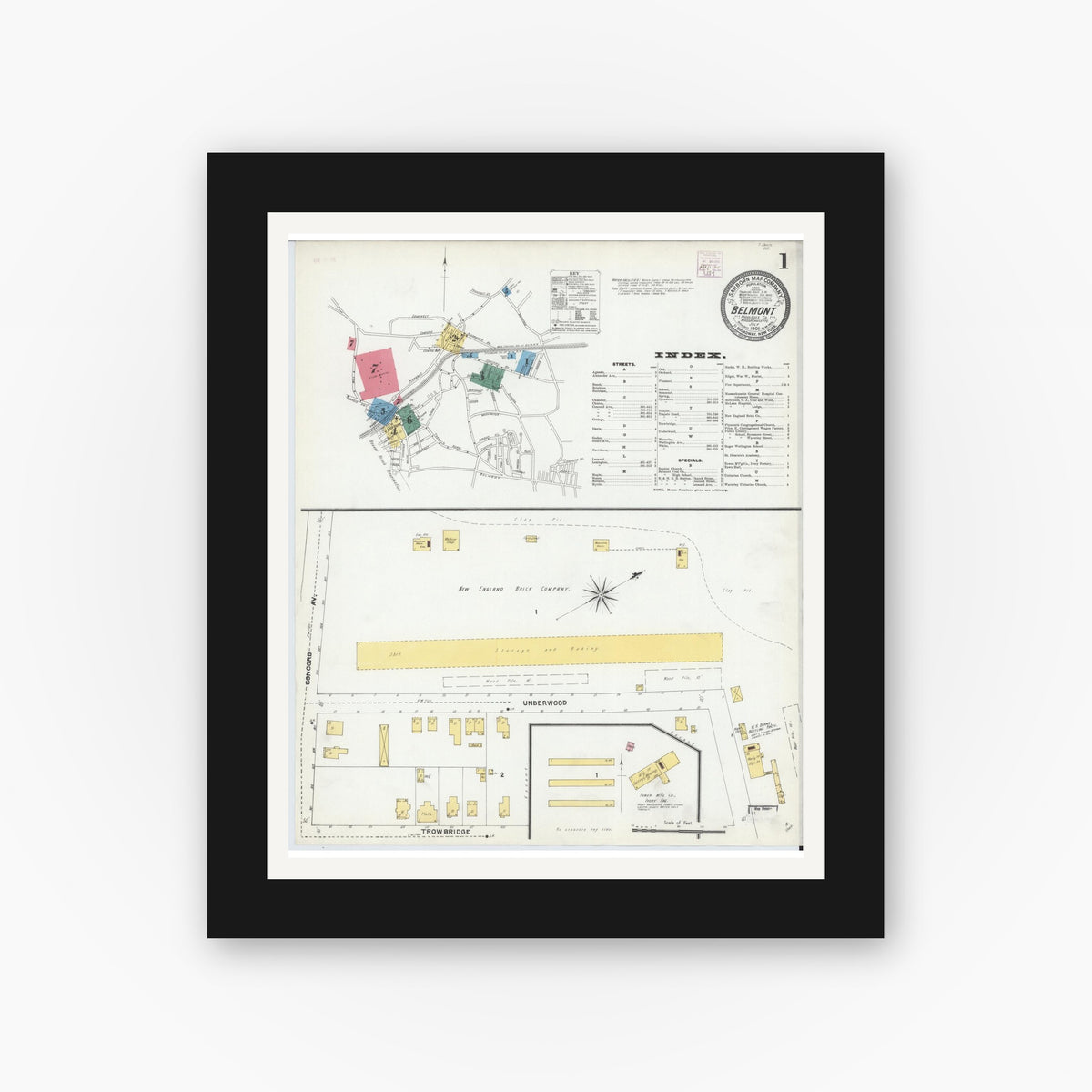 Old map wall art mockup — black gallery frame with white mat — Sanborn Fire Insurance Map from Belmont, Middlesex County, Massachusetts (1905), Sheet #0001