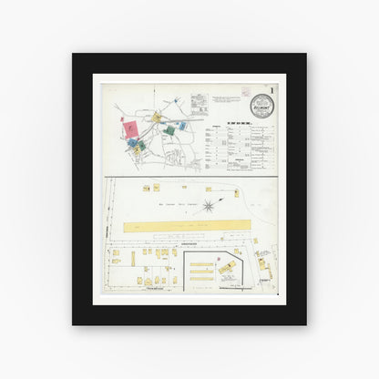 Old map wall art mockup — black gallery frame with white mat — Sanborn Fire Insurance Map from Belmont, Middlesex County, Massachusetts (1905), Sheet #0001