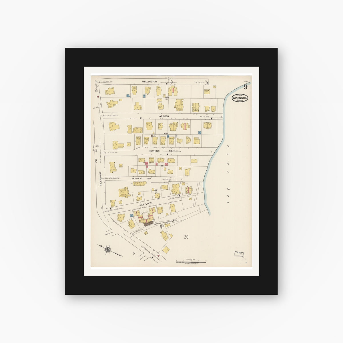 Old map wall art mockup — black gallery frame with white mat — Sanborn Fire Insurance Map from Arlington, Middlesex County, Massachusetts (1922), Sheet #0009