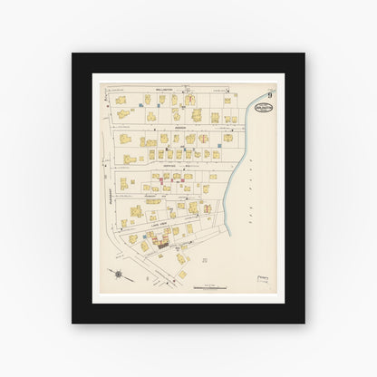 Old map wall art mockup — black gallery frame with white mat — Sanborn Fire Insurance Map from Arlington, Middlesex County, Massachusetts (1922), Sheet #0009