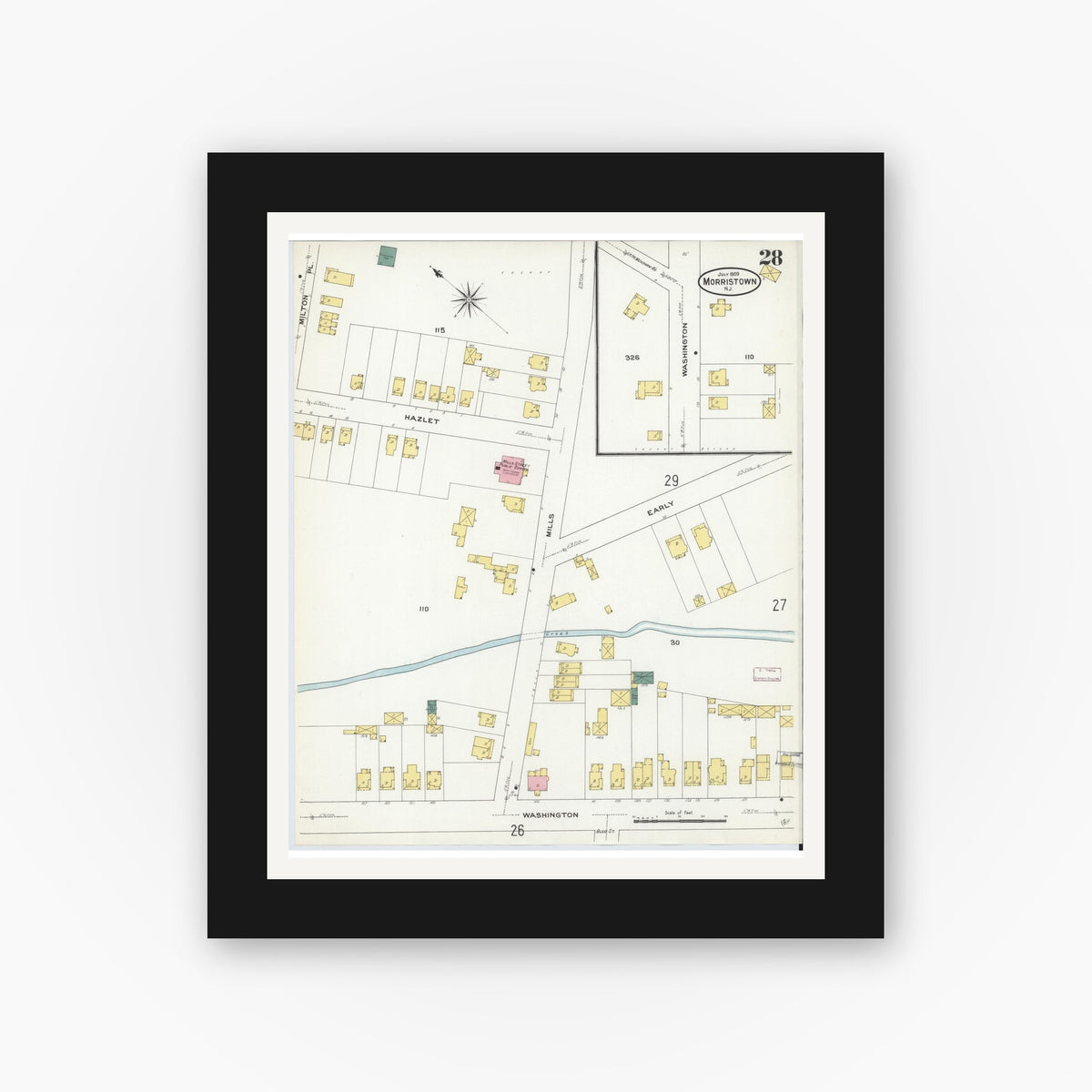 Old map wall art mockup — black gallery frame with white mat — Sanborn Fire Insurance Map from Morristown, Morris County, New Jersey (1909), Sheet #0028