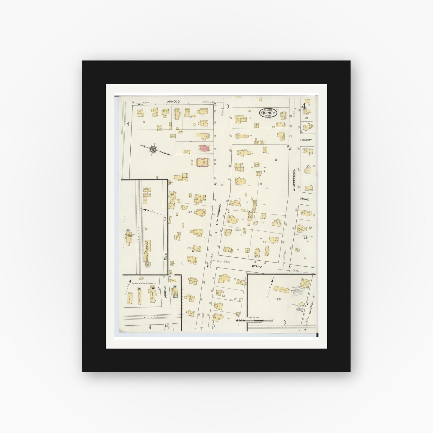 Old map wall art mockup — black gallery frame with white mat — Sanborn Fire Insurance Map from Quincy, Branch County, Michigan (1919), Sheet #0004