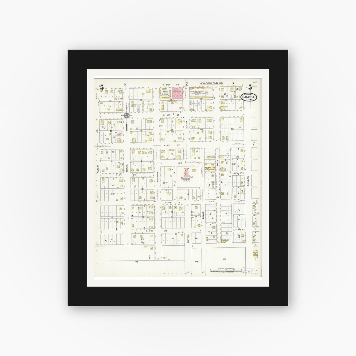 Old map wall art mockup — black gallery frame with white mat — Sanborn Fire Insurance Map from Lamesa, Dawson County, Texas (1925), Sheet #0005