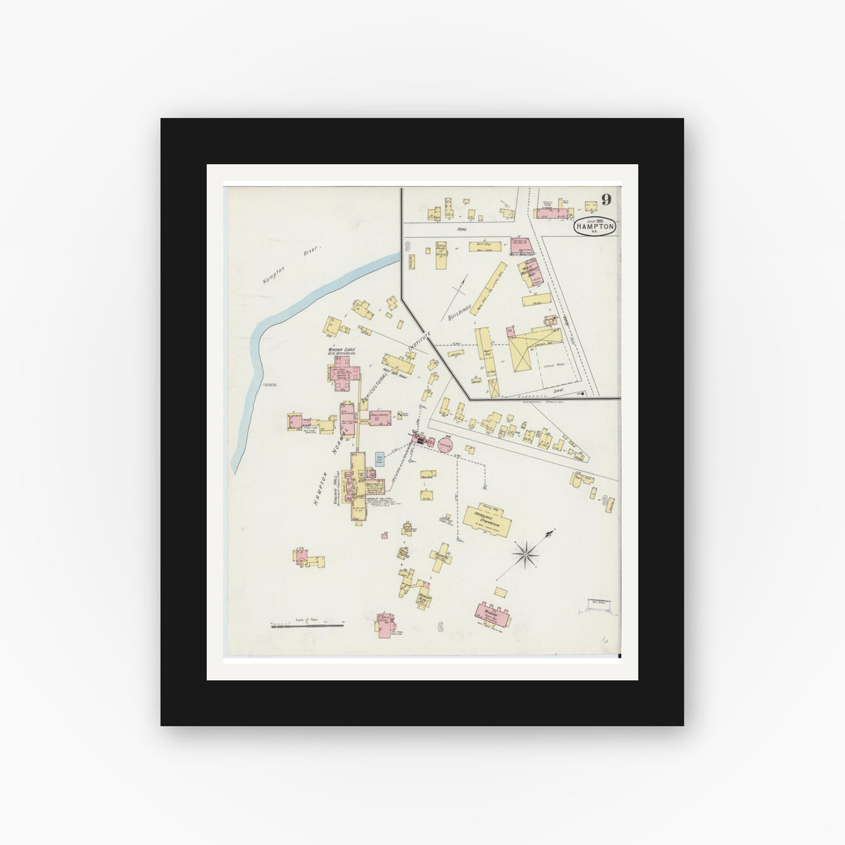 Old map wall art mockup — black gallery frame with white mat — Sanborn Fire Insurance Map from Hampton, Independent Cities, Virginia (1895), Sheet #0009