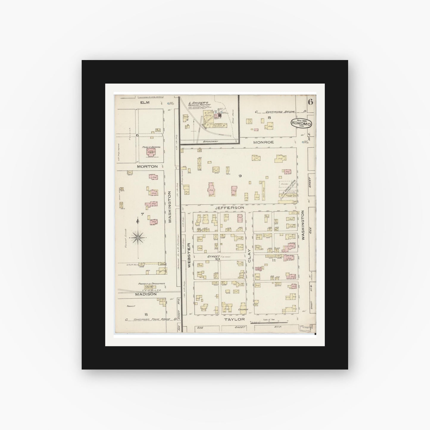 Old map wall art mockup — black gallery frame with white mat — Sanborn Fire Insurance Map from Kokomo, Howard County, Indiana (1885), Sheet #0006