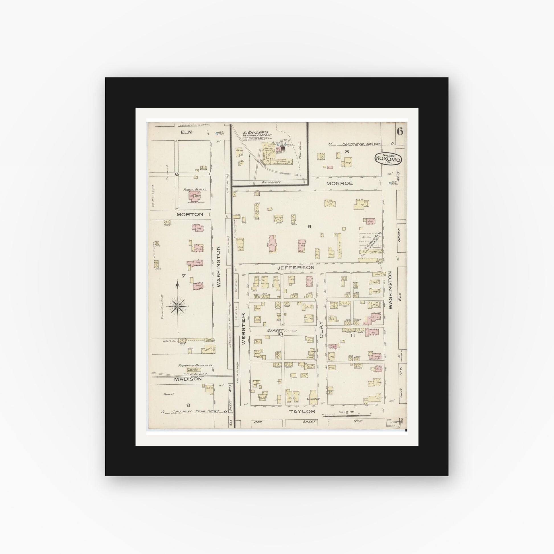 Old map wall art mockup — black gallery frame with white mat — Sanborn Fire Insurance Map from Kokomo, Howard County, Indiana (1885), Sheet #0006
