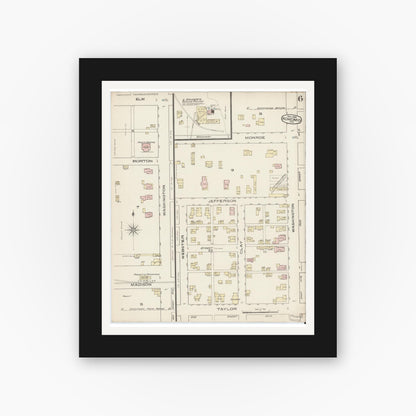 Old map wall art mockup — black gallery frame with white mat — Sanborn Fire Insurance Map from Kokomo, Howard County, Indiana (1885), Sheet #0006