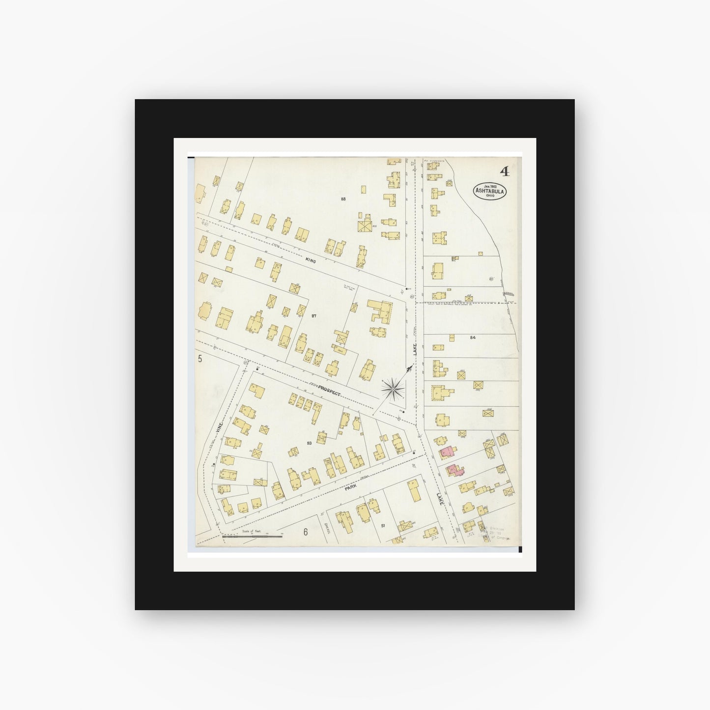 Old map wall art mockup — black gallery frame with white mat — Sanborn Fire Insurance Map from Ashtabula, Ashtabula County, Ohio (1903), Sheet #0004