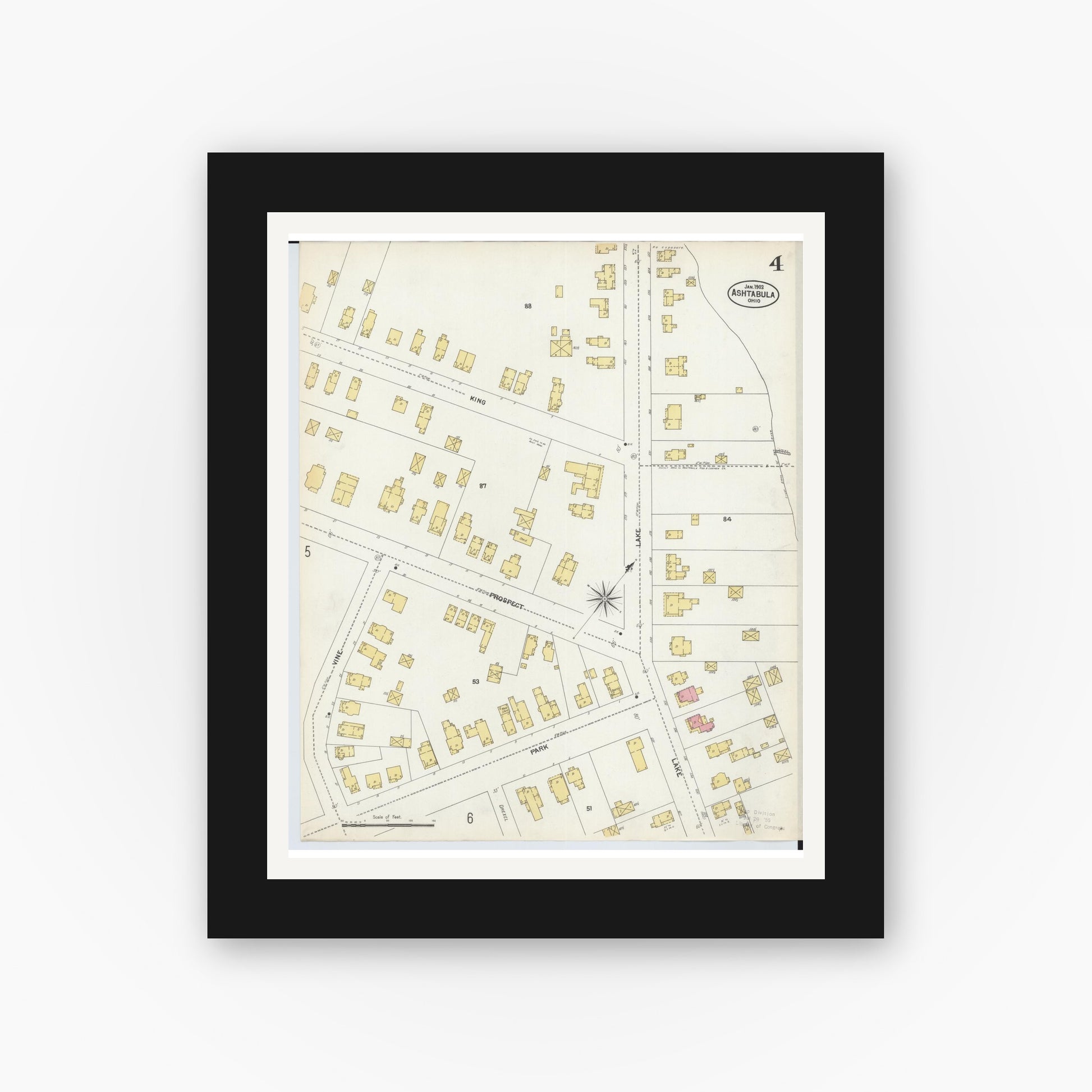 Old map wall art mockup — black gallery frame with white mat — Sanborn Fire Insurance Map from Ashtabula, Ashtabula County, Ohio (1903), Sheet #0004