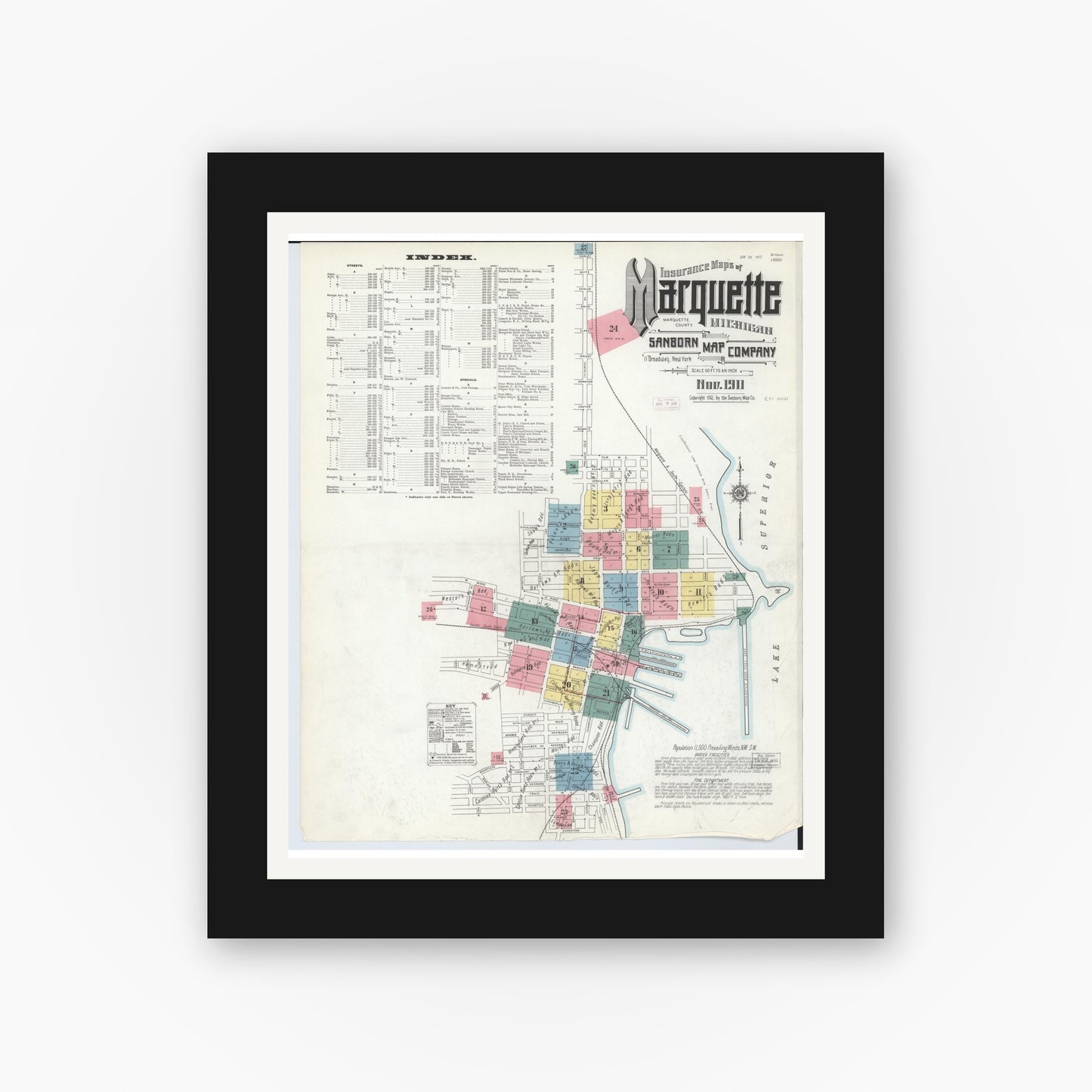 Old map wall art mockup — black gallery frame with white mat — Sanborn Fire Insurance Map from Marquette, Marquette County, Michigan (1911) - Complete Map Set