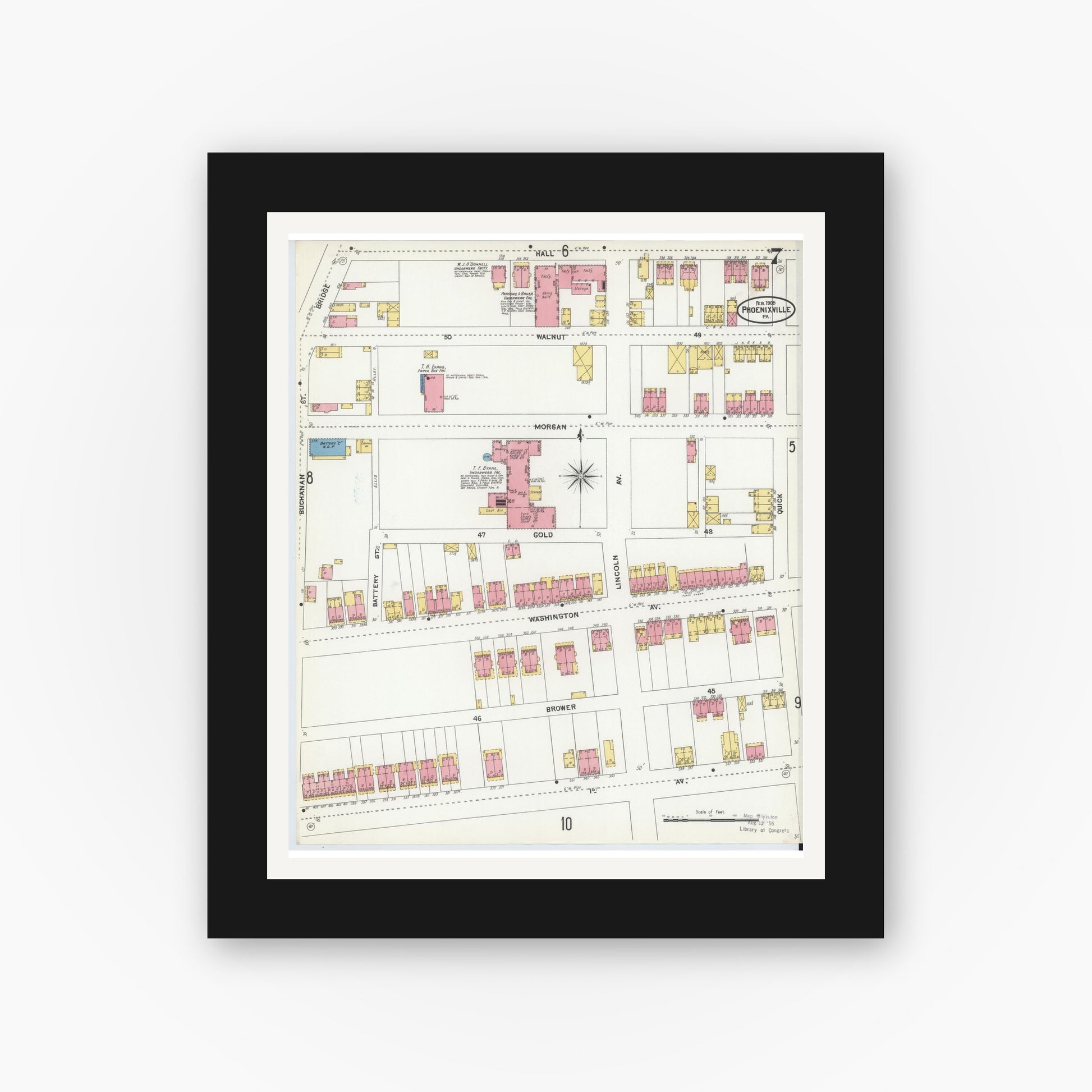 Old map wall art mockup — black gallery frame with white mat — Sanborn Fire Insurance Map from Phoenixville, Chester County, Pennsylvania (1906), Sheet #0007