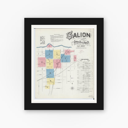 Old map wall art mockup — black gallery frame with white mat — Sanborn Fire Insurance Map from Galion, Crawford County, Ohio (1892) - Complete Map Set