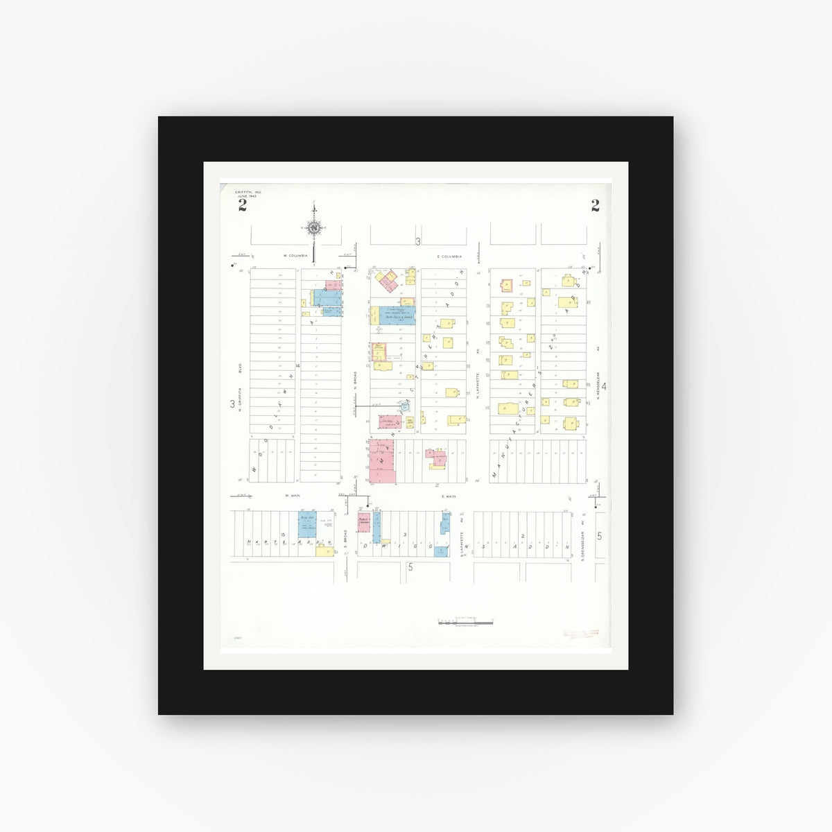 Old map wall art mockup — black gallery frame with white mat — Sanborn Fire Insurance Map from Griffith, Lake County, Indiana (1943), Sheet #0002
