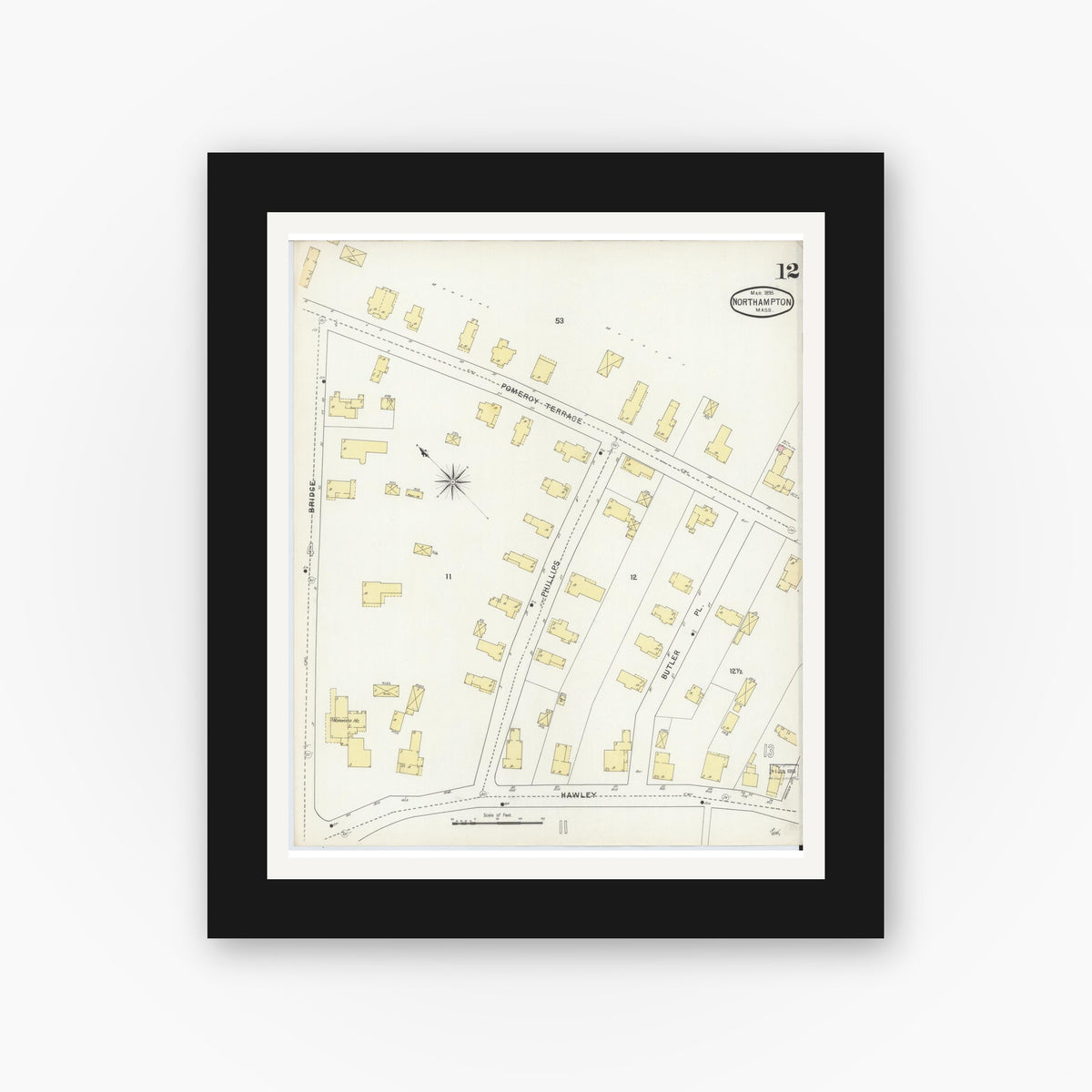 Old map wall art mockup — black gallery frame with white mat — Sanborn Fire Insurance Map from Northampton, Hampshire County, Massachusetts (1895), Sheet #0012