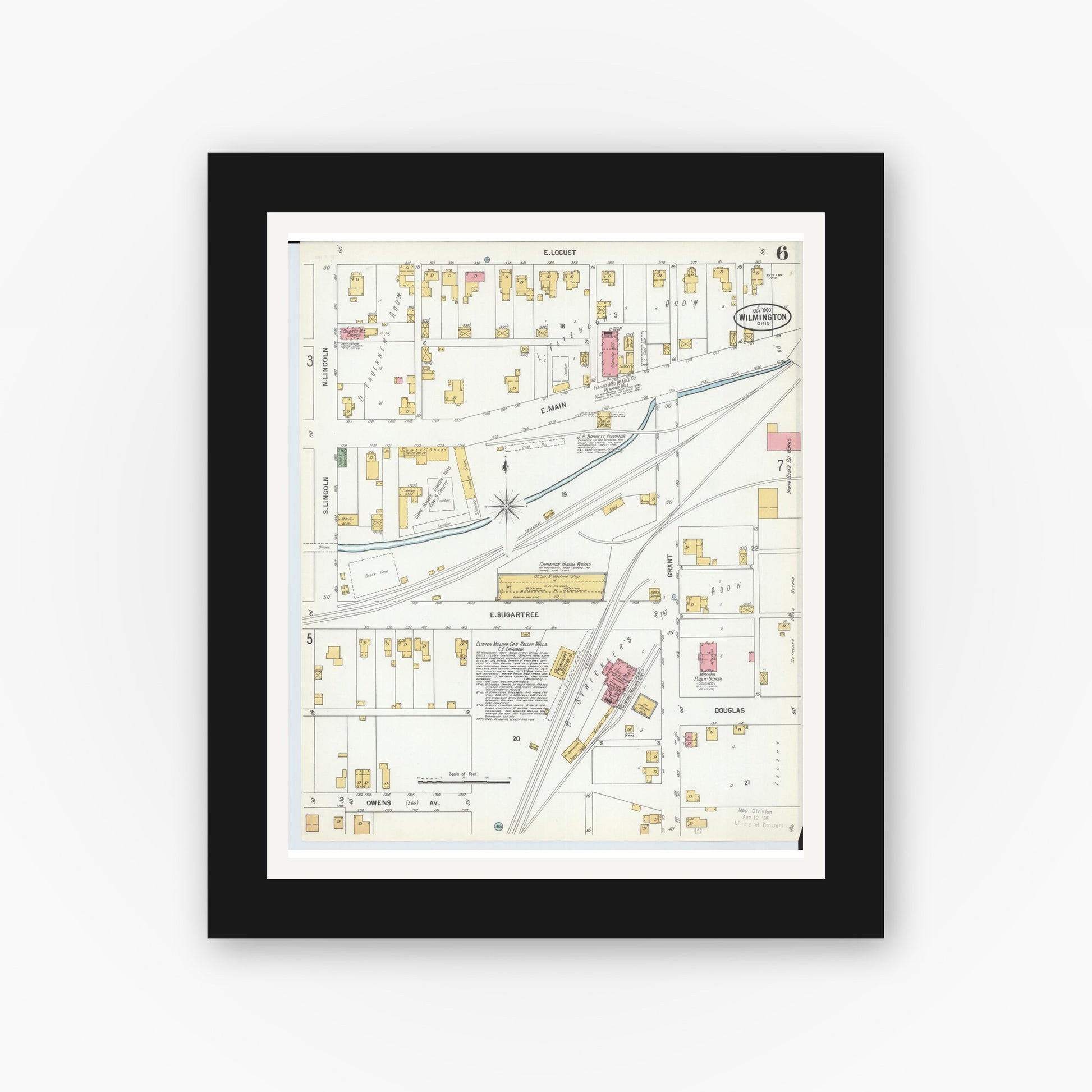 Old map wall art mockup — black gallery frame with white mat — Sanborn Fire Insurance Map from Wilmington, Clinton County, Ohio (1900), Sheet #0006