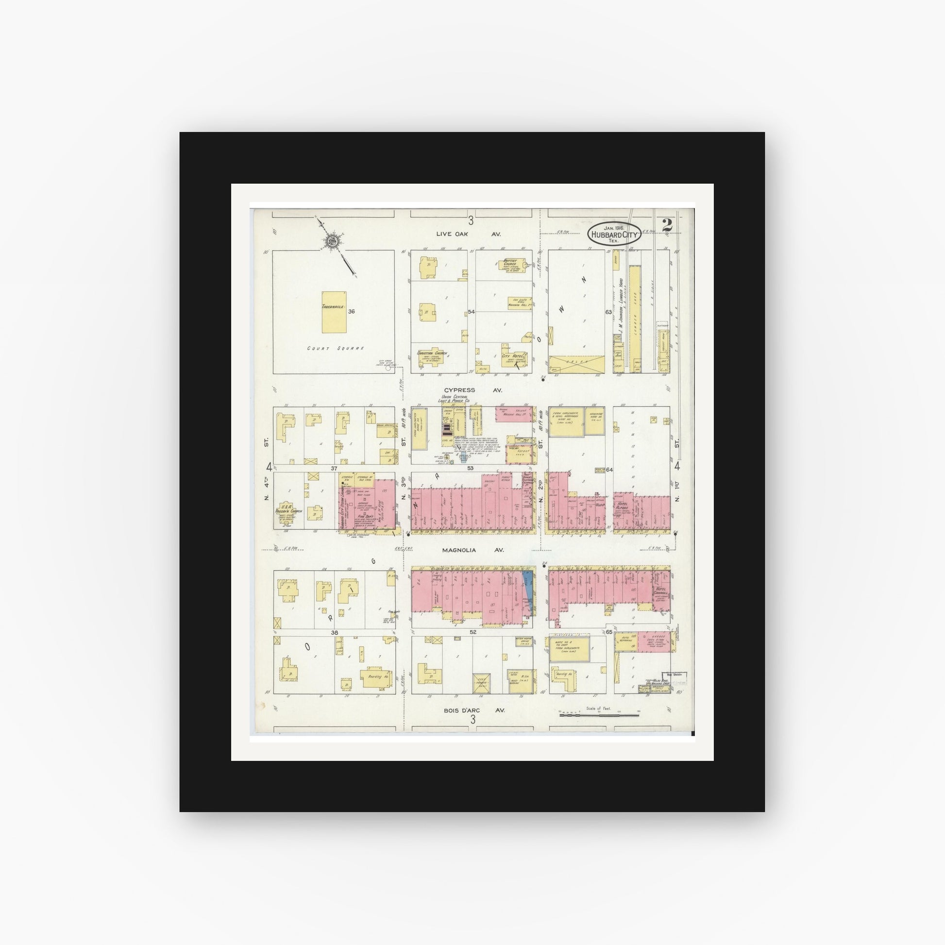 Old map wall art mockup — black gallery frame with white mat — Sanborn Fire Insurance Map from Hubbard, Hill County, Texas (1916), Sheet #0002
