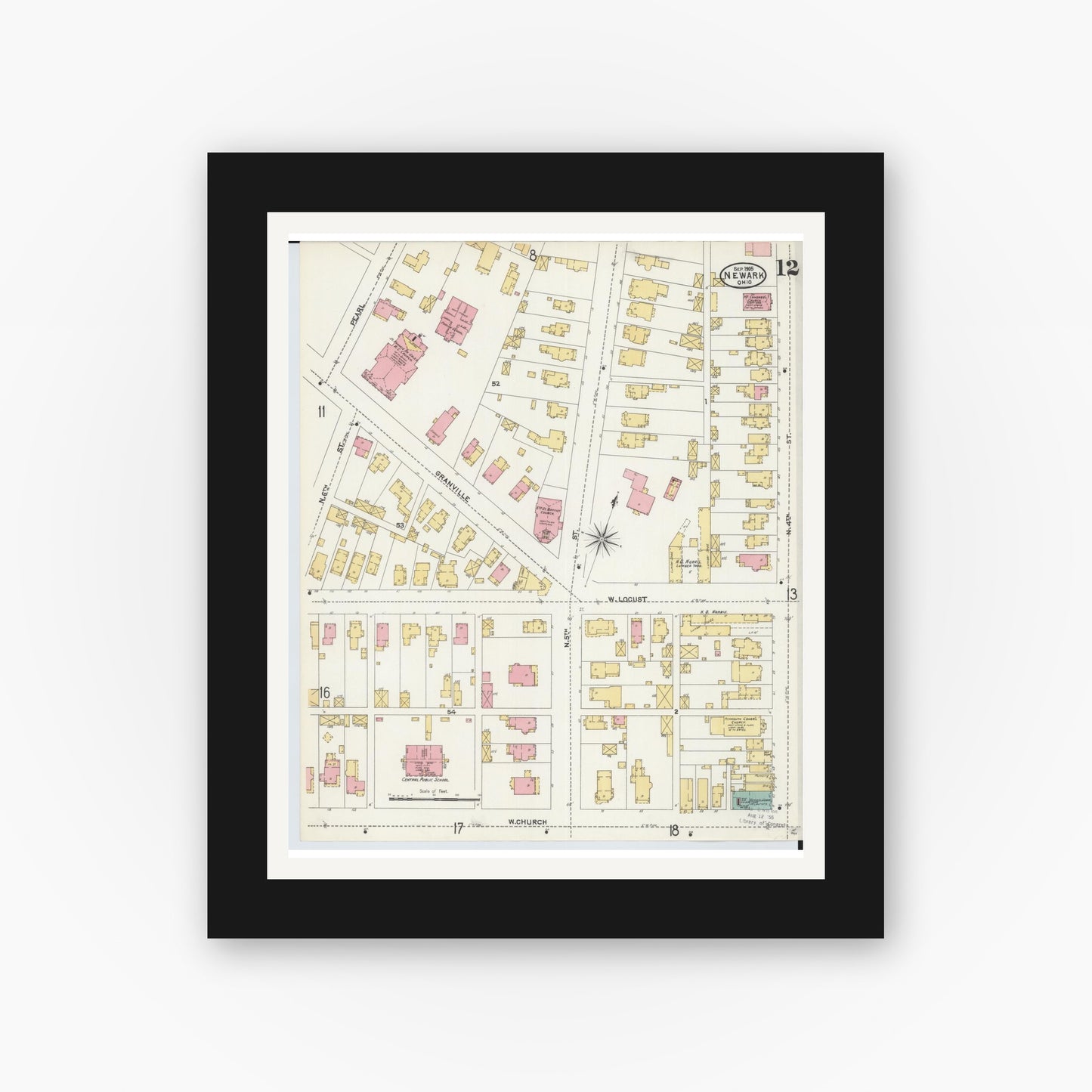 Old map wall art mockup — black gallery frame with white mat — Sanborn Fire Insurance Map from Newark, Licking County, Ohio (1905), Sheet #0012