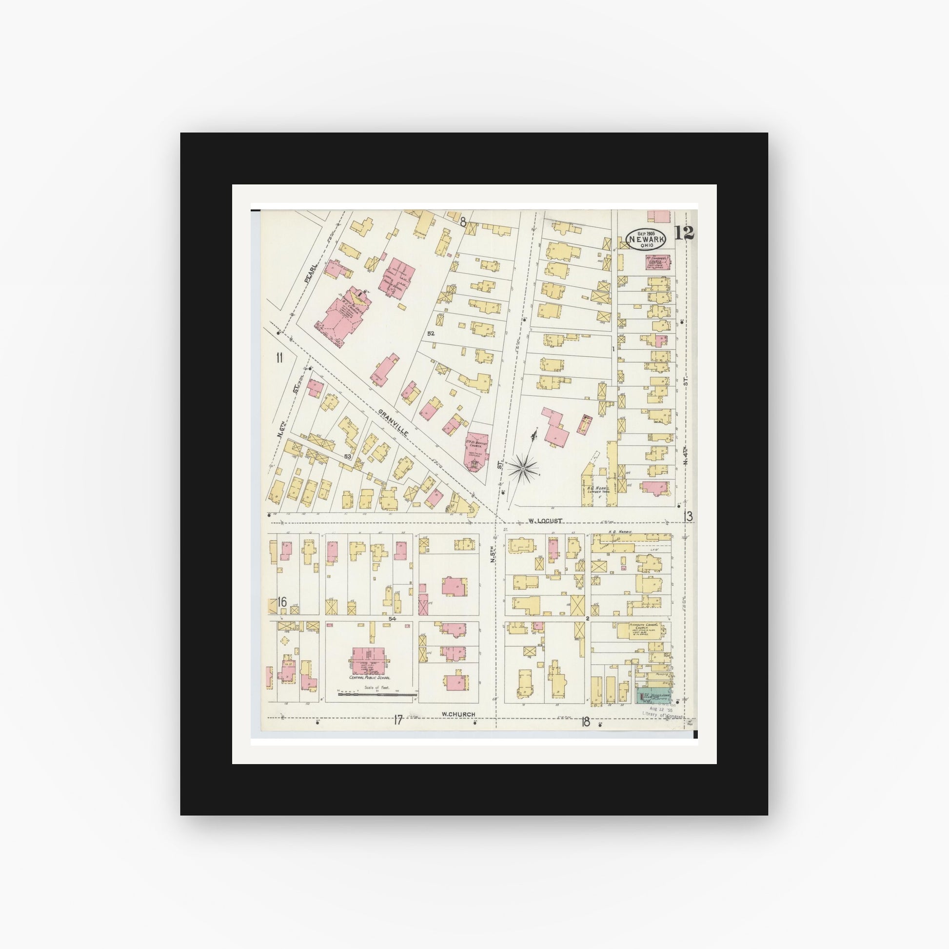 Old map wall art mockup — black gallery frame with white mat — Sanborn Fire Insurance Map from Newark, Licking County, Ohio (1905), Sheet #0012