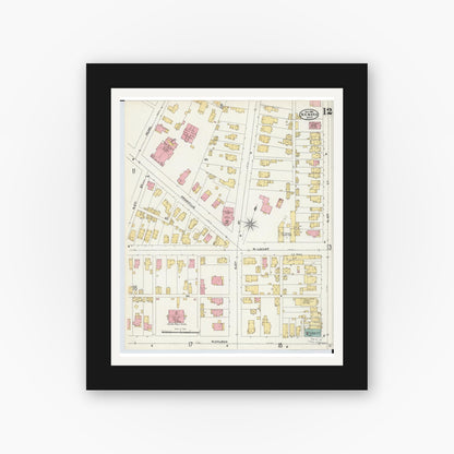 Old map wall art mockup — black gallery frame with white mat — Sanborn Fire Insurance Map from Newark, Licking County, Ohio (1905), Sheet #0012