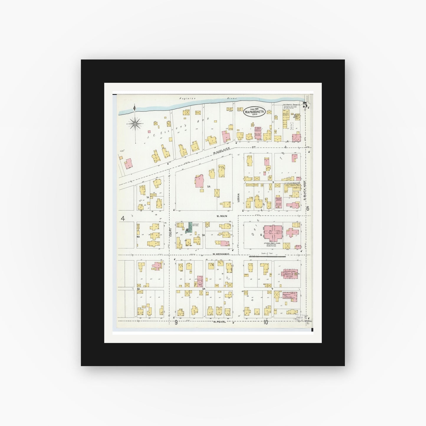 Old map wall art mockup — black gallery frame with white mat — Sanborn Fire Insurance Map from Wapakoneta, Auglaize County, Ohio (1904), Sheet #0005