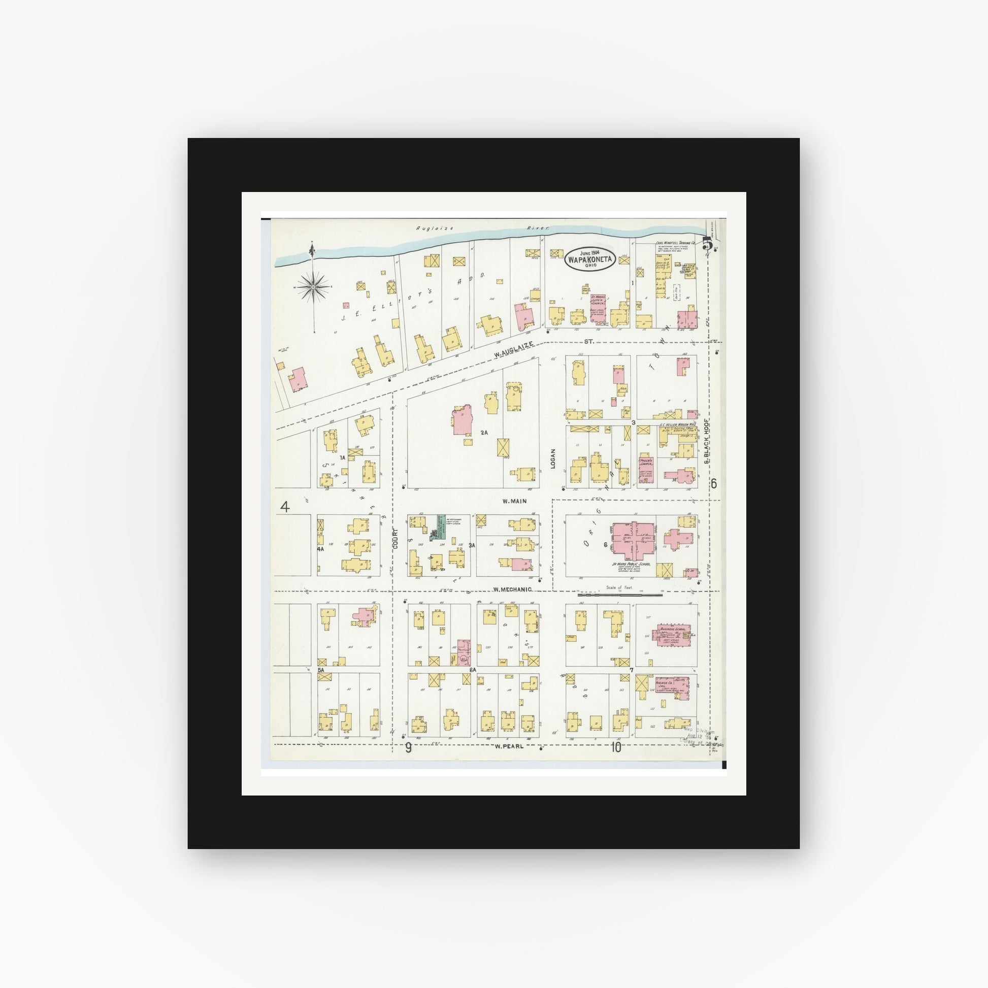 Old map wall art mockup — black gallery frame with white mat — Sanborn Fire Insurance Map from Wapakoneta, Auglaize County, Ohio (1904), Sheet #0005