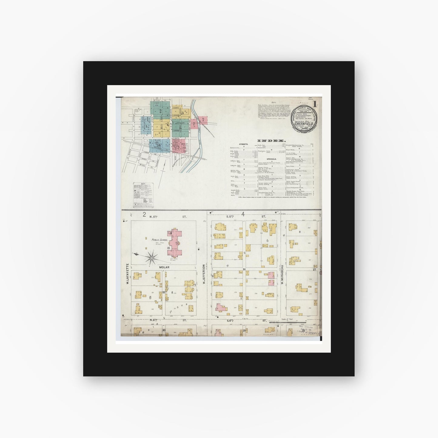 Old map wall art mockup — black gallery frame with white mat — Sanborn Fire Insurance Map from Greenfield, Highland County, Ohio (1899), Sheet #0001