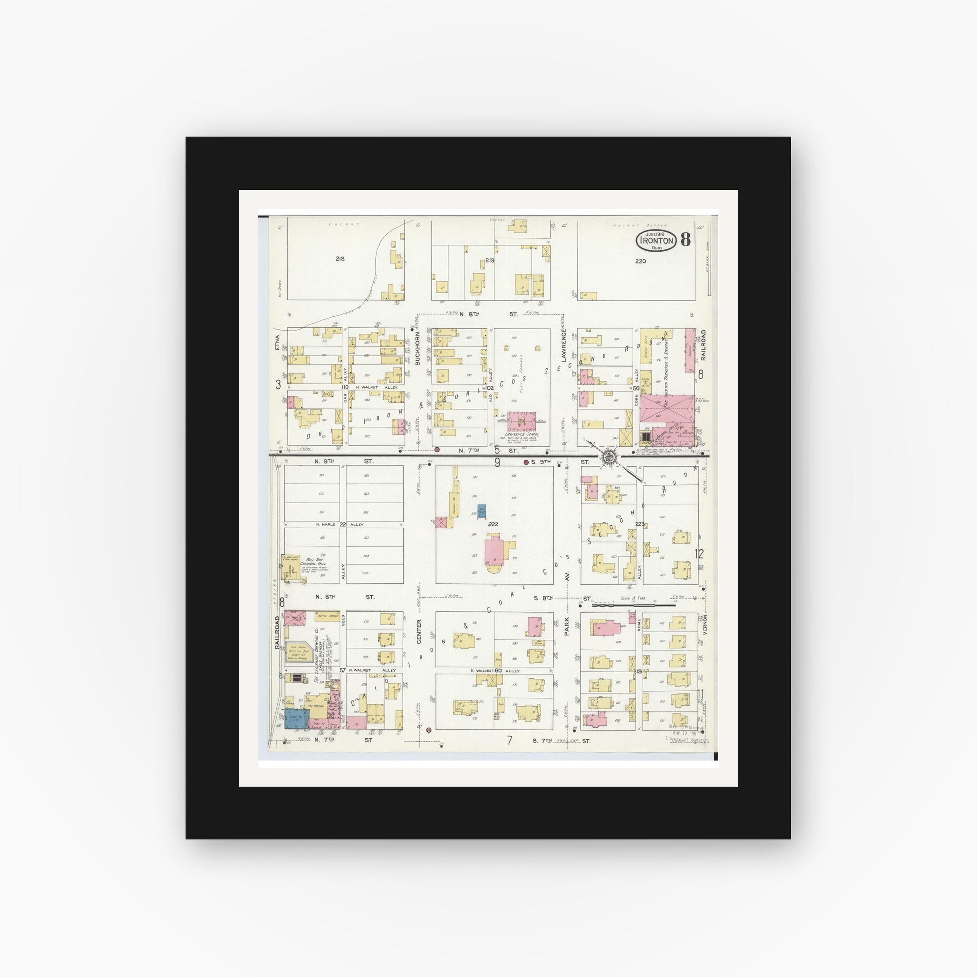 Old map wall art mockup — black gallery frame with white mat — Sanborn Fire Insurance Map from Ironton, Lawrence County, Ohio (1916), Sheet #0008