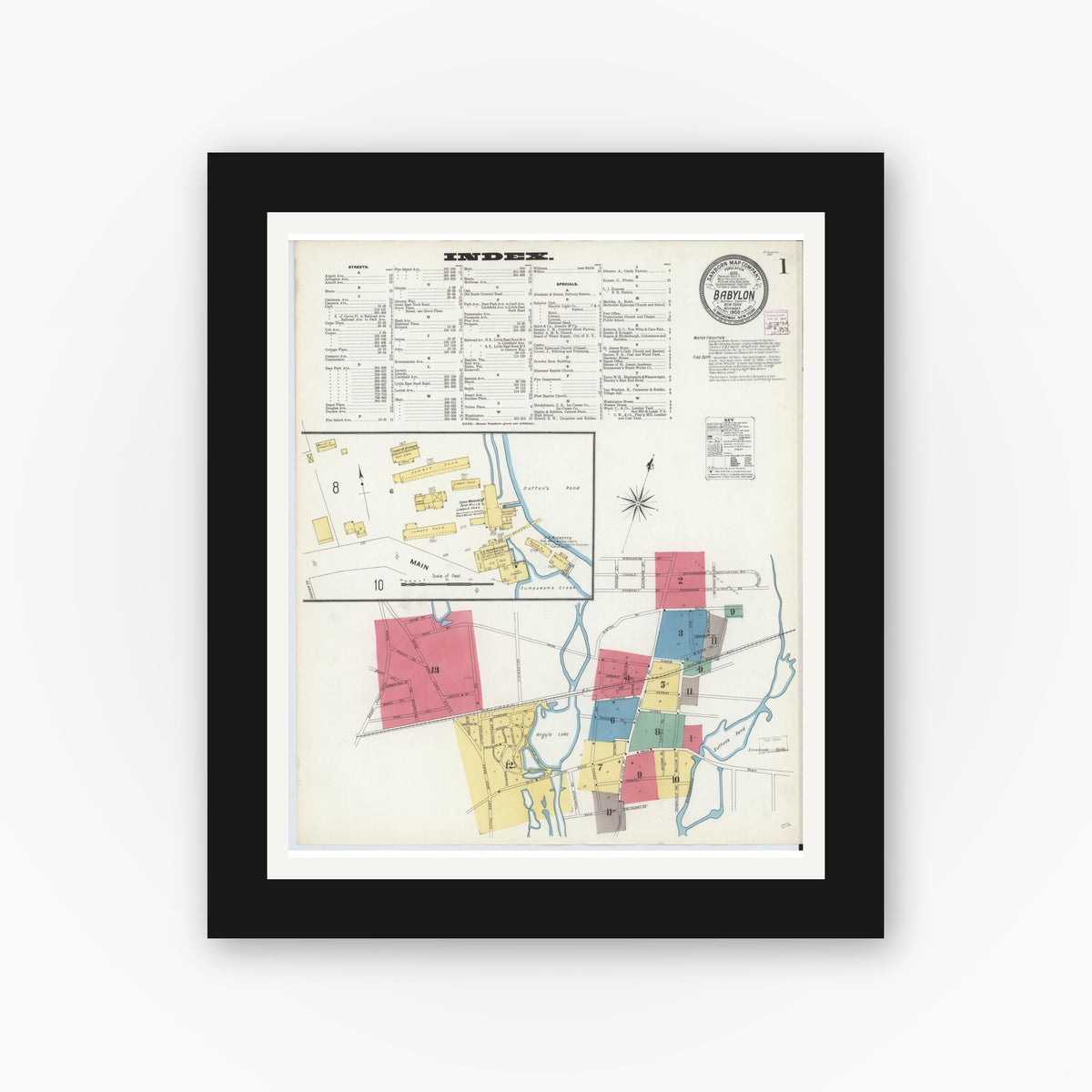 Old map wall art mockup — black gallery frame with white mat — Sanborn Fire Insurance Map from Babylon, Suffolk County, New York (1908) - Complete Map Set