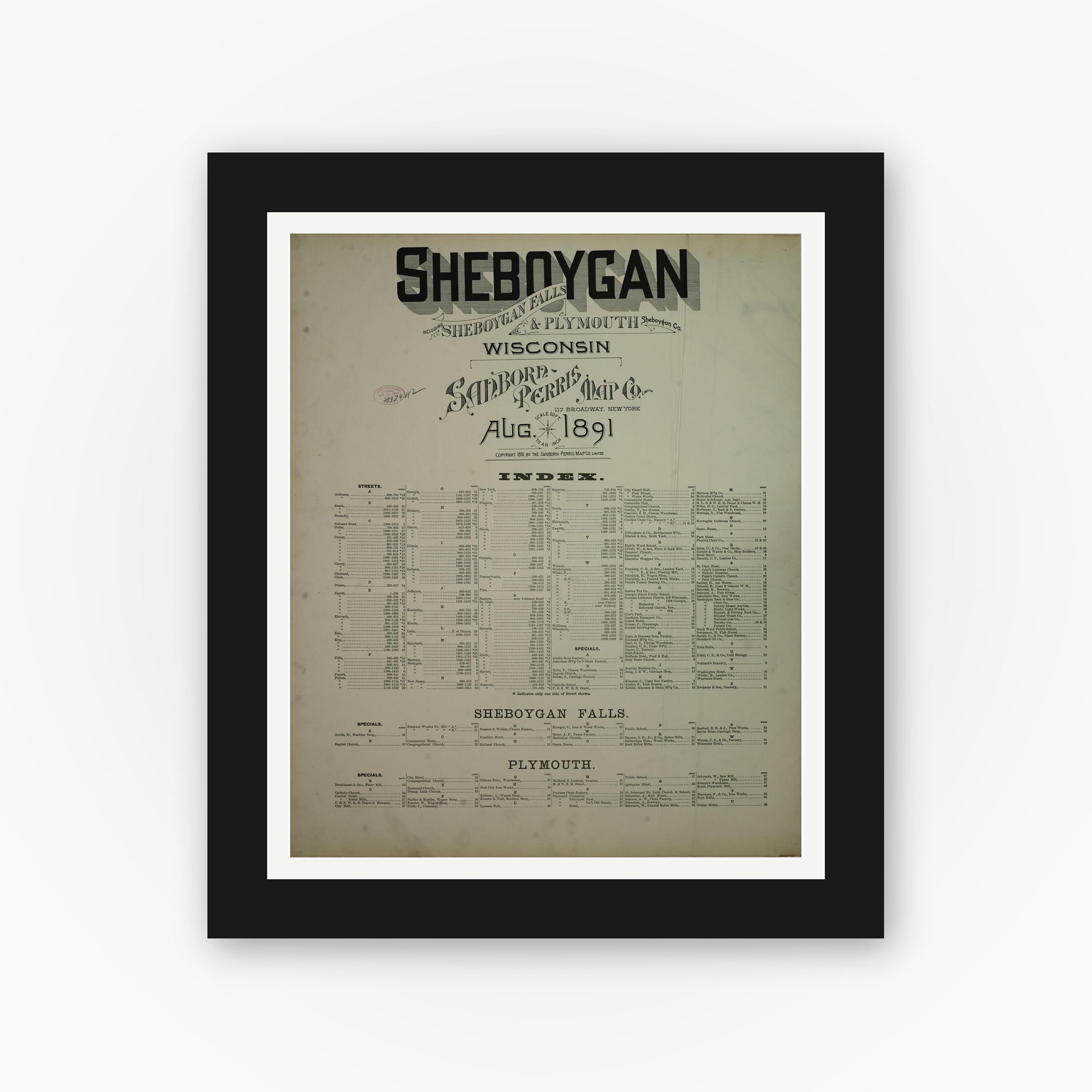 Old map wall art mockup — black gallery frame with white mat — Sanborn Fire Insurance Map from Sheboygan, Sheboygan County, Wisconsin (1891), Sheet #0001
