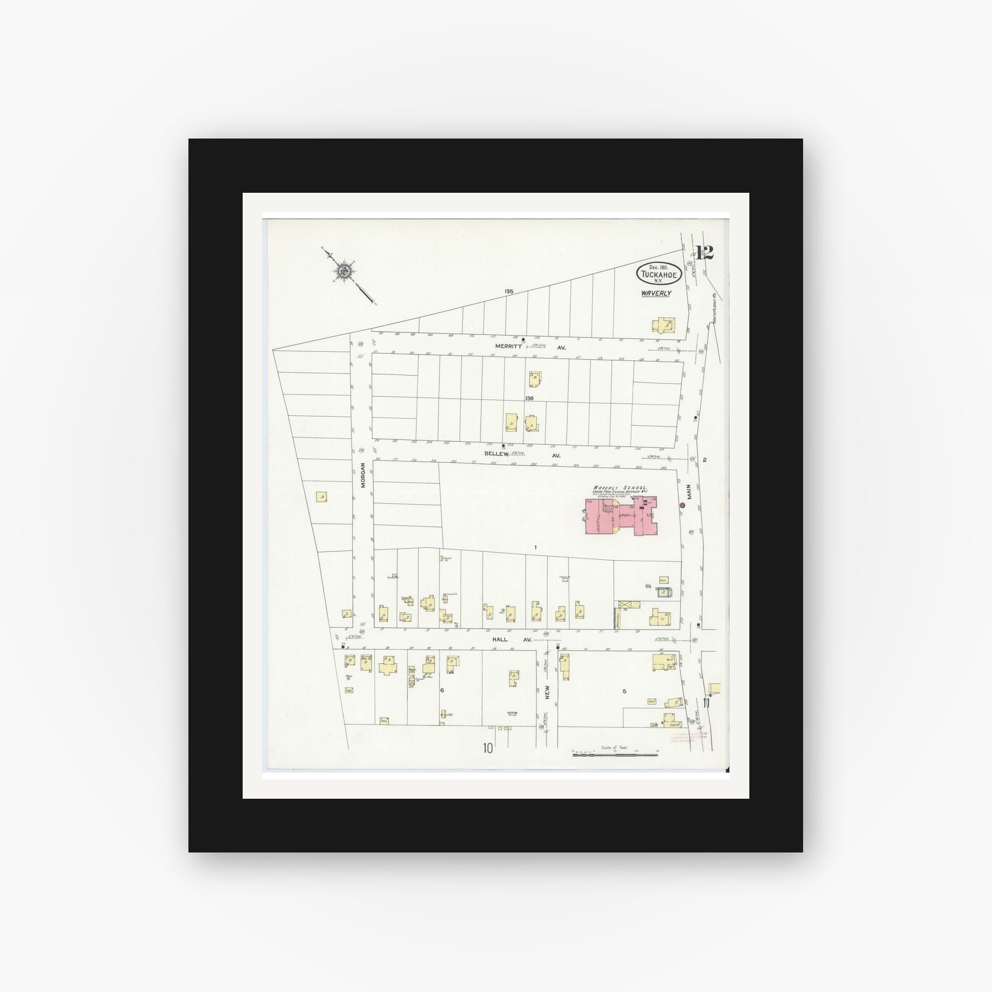 Old map wall art mockup — black gallery frame with white mat — Sanborn Fire Insurance Map from Tuckahoe, Westchester County, New York (1911), Sheet #0012