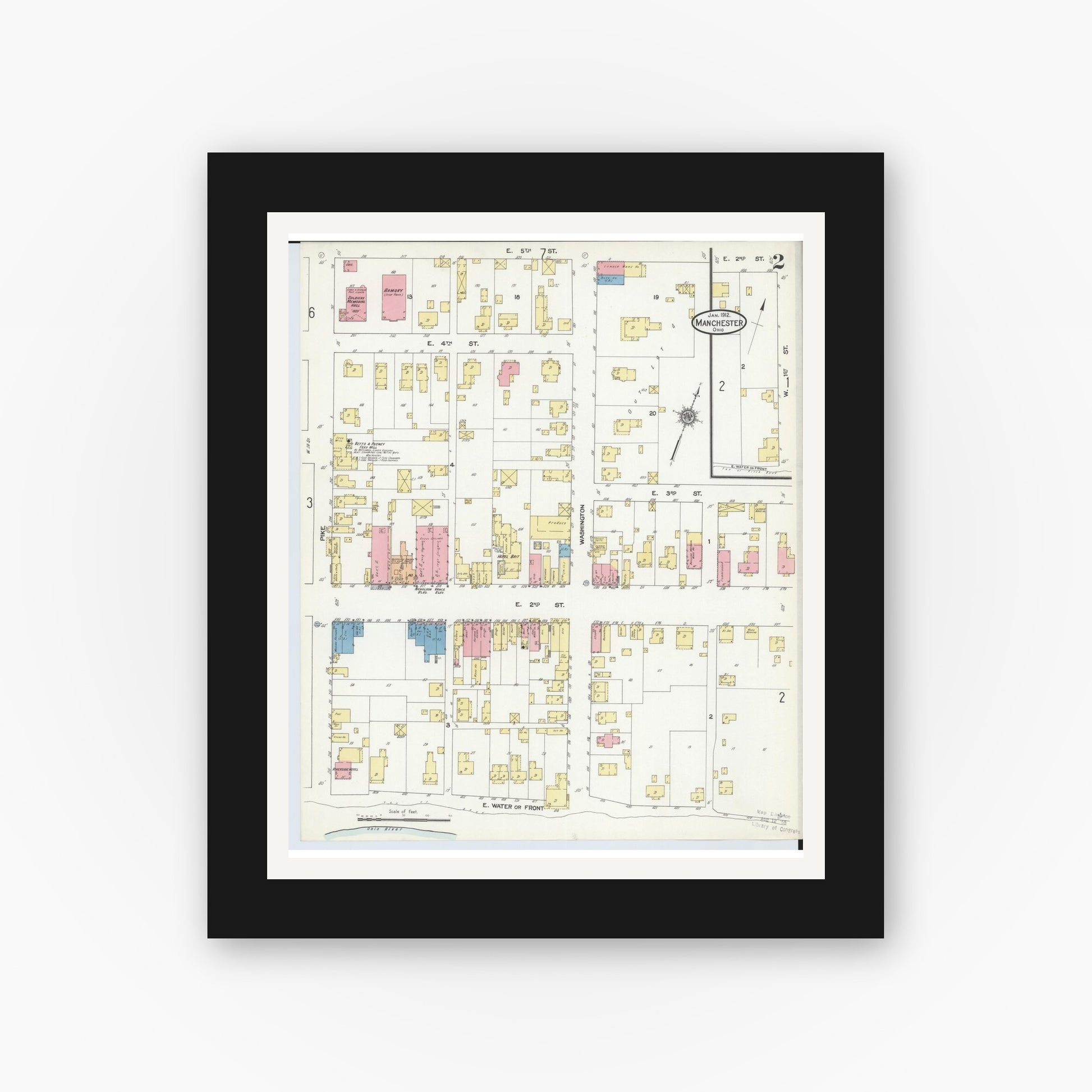 Old map wall art mockup — black gallery frame with white mat — Sanborn Fire Insurance Map from Manchester, Adams County, Ohio (1912), Sheet #0002