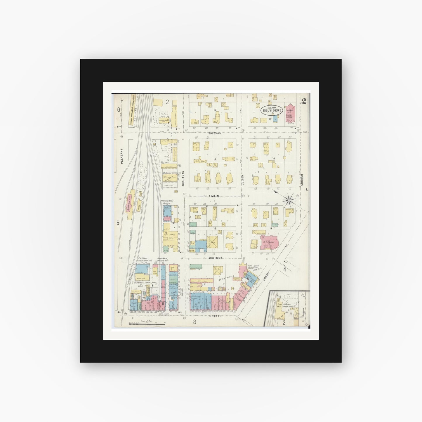 Old map wall art mockup — black gallery frame with white mat — Sanborn Fire Insurance Map from Belvidere, Boone County, Illinois (1897), Sheet #0002