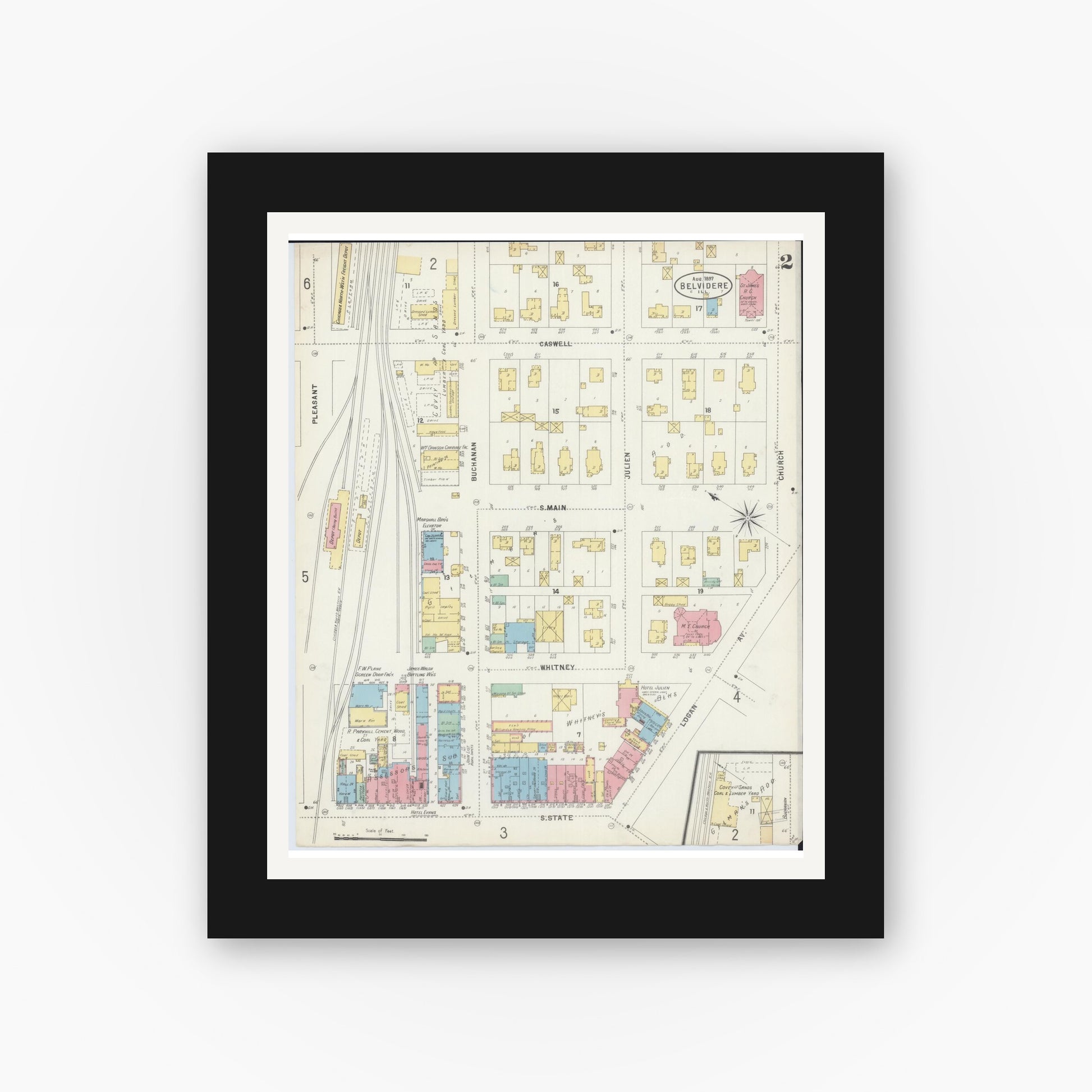 Old map wall art mockup — black gallery frame with white mat — Sanborn Fire Insurance Map from Belvidere, Boone County, Illinois (1897), Sheet #0002