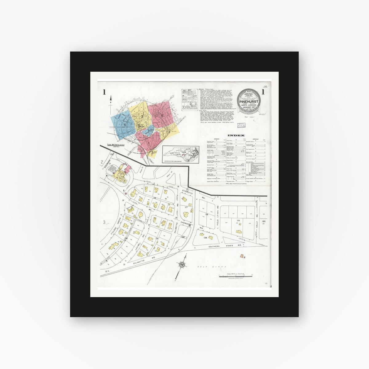 Old map wall art mockup — black gallery frame with white mat — Sanborn Fire Insurance Map from Pinehurst, Moore County, North Carolina (1927), Sheet #0001
