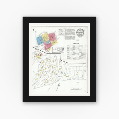 Old map wall art mockup — black gallery frame with white mat — Sanborn Fire Insurance Map from Pinehurst, Moore County, North Carolina (1927), Sheet #0001