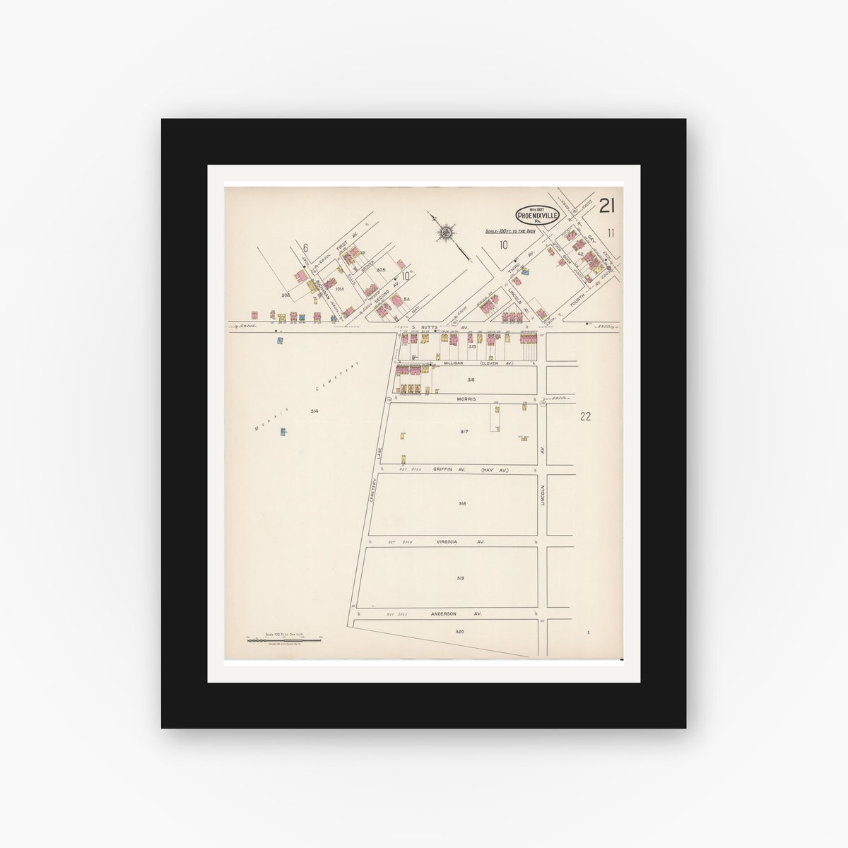 Old map wall art mockup — black gallery frame with white mat — Sanborn Fire Insurance Map from Phoenixville, Chester County, Pennsylvania (1921), Sheet #0021