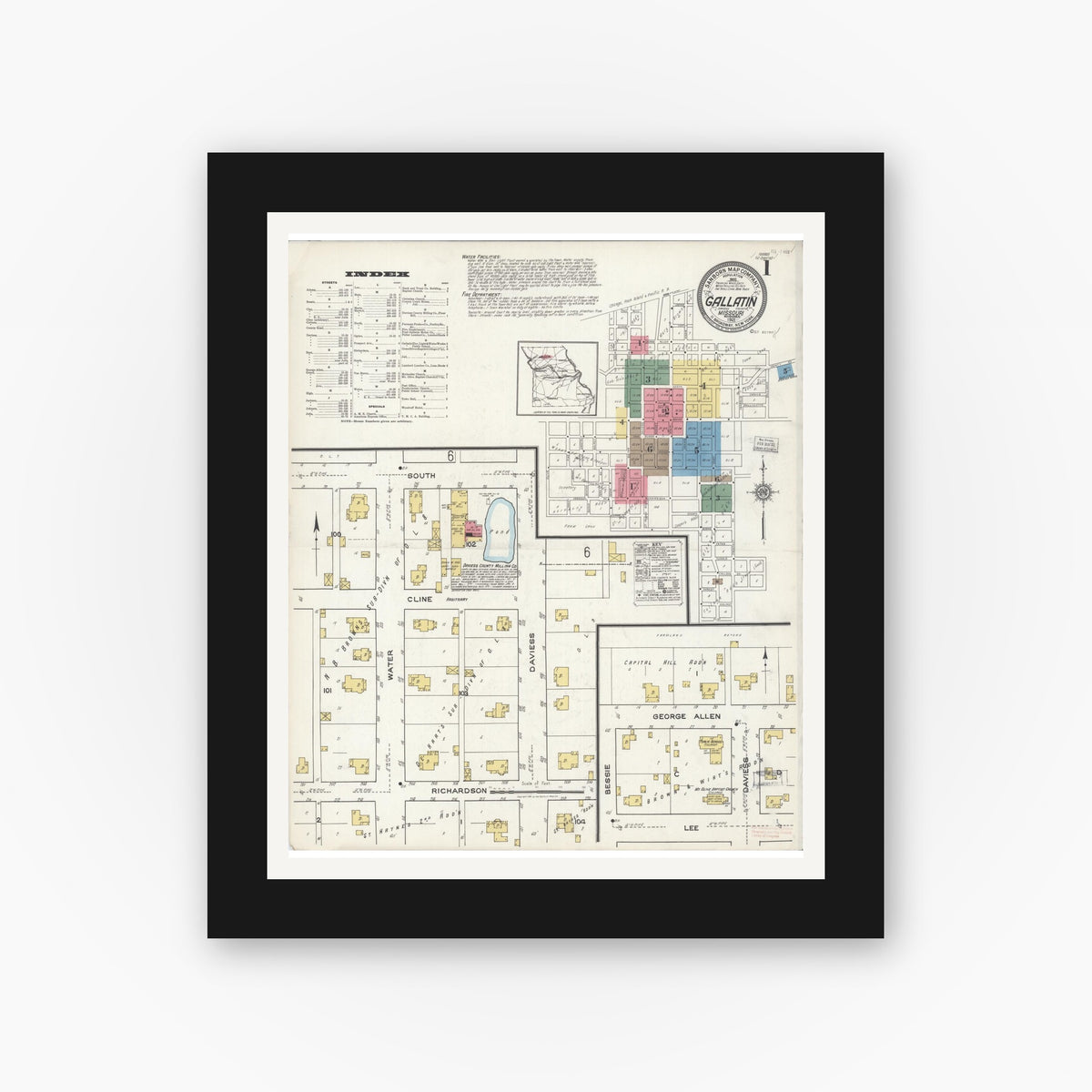 Old map wall art mockup — black gallery frame with white mat — Sanborn Fire Insurance Map from Gallatin, Daviess County, Missouri (1921), Sheet #0001