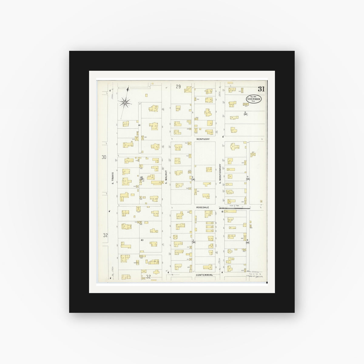 Old map wall art mockup — black gallery frame with white mat — Sanborn Fire Insurance Map from Sherman, Grayson County, Texas (1908), Sheet #0031